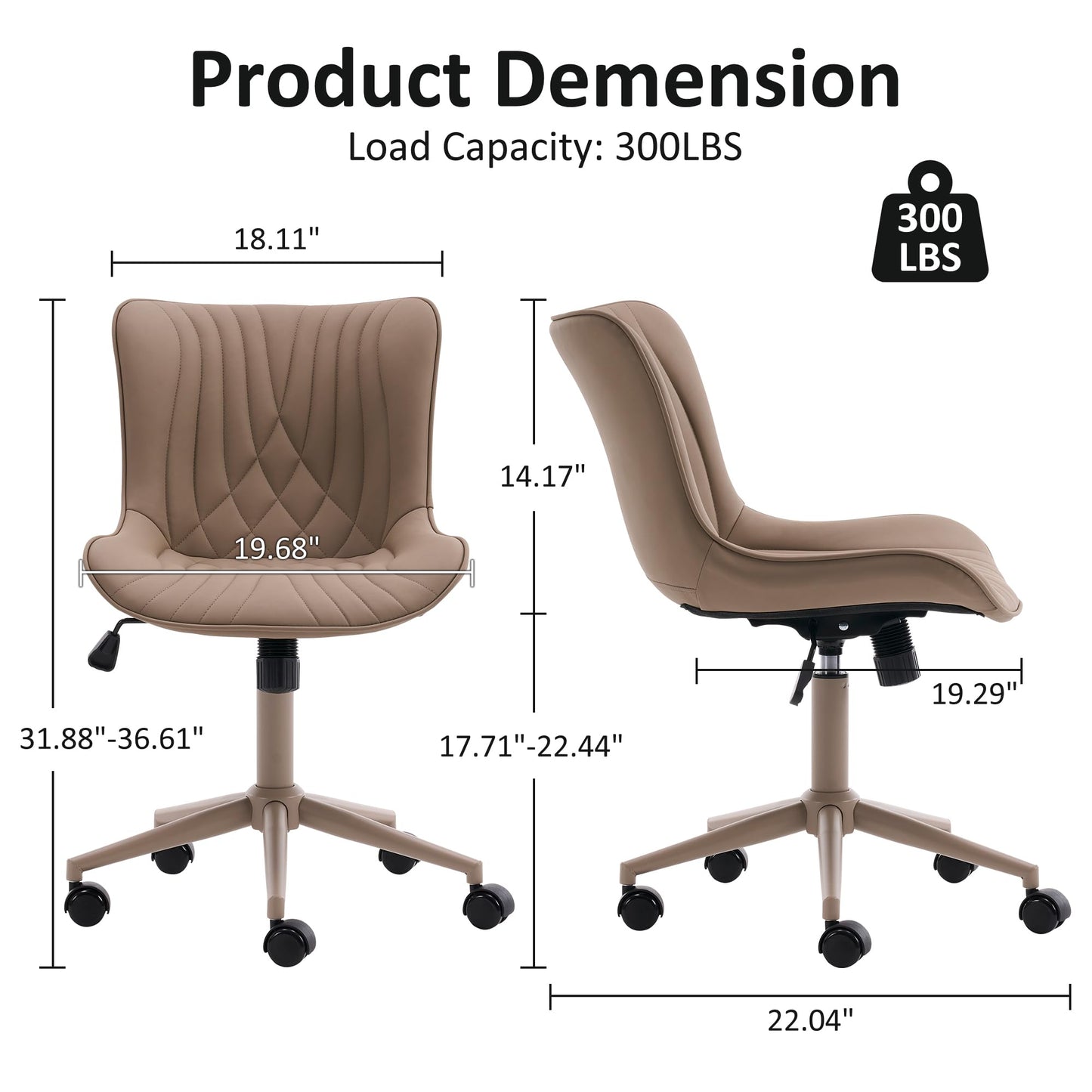 YOUTASTE All Khaki Office Chair, Modern Armless Desk Chair with Back, Adjustable Swivel Rolling Faux Leather Task Chair with Wheels Metal Base for Home Office, Study, or Vanity