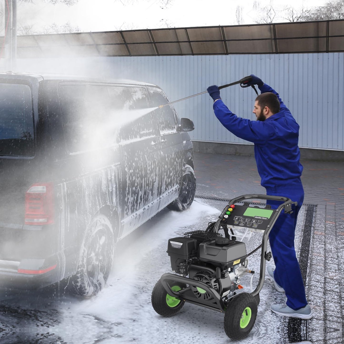 Professional 4200PSI 4GPM Gas Pressure Washer, Commercial Gas Power Washer with Foam Bottle 9" Wheels 5 Nozzles 25FT Hose for Home Car Fence Driveway Yard (EPA/CARB/ETL Compliant), Green