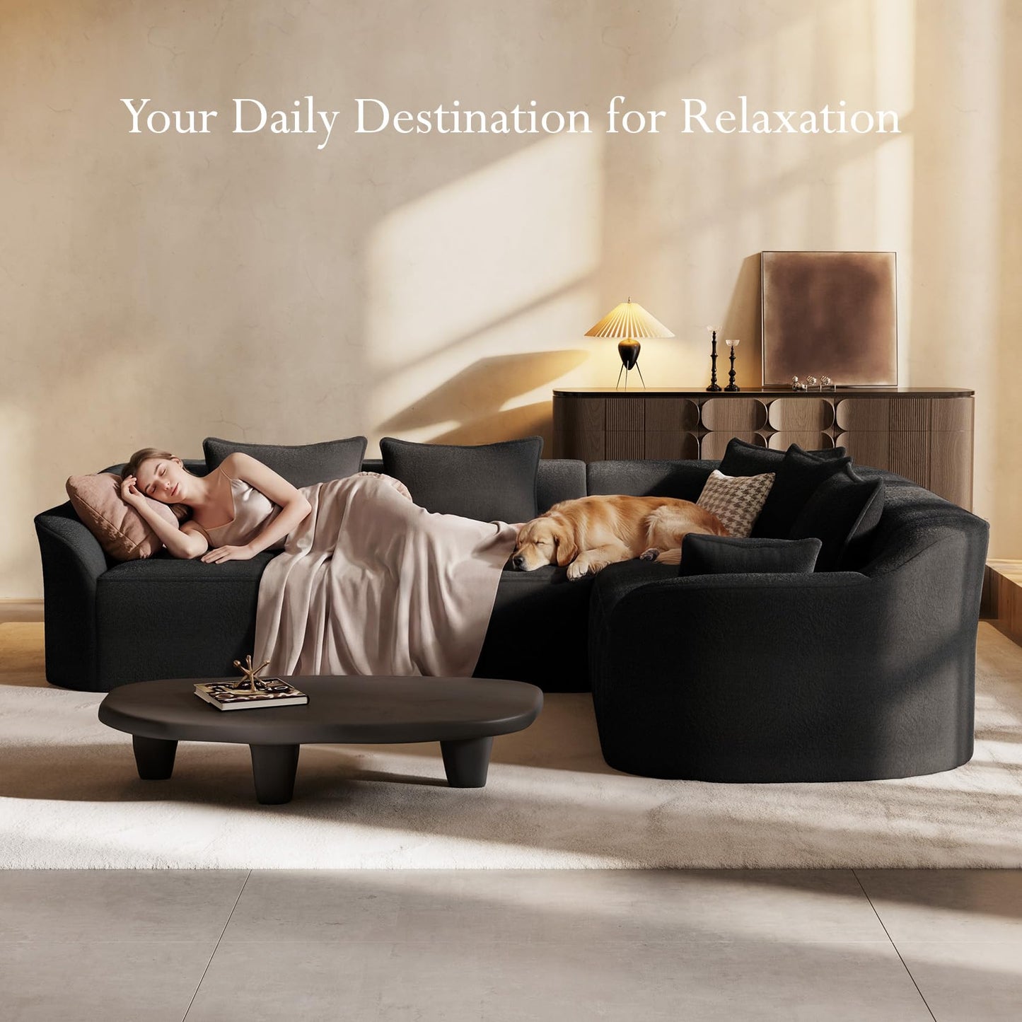 Vesgantti 110" Modern Curved Sectional Sofa, Oversized Chenille Cloud Couch for Living Room, Comfy Luxury L-Shaped Boneless Sofa with Extra Deep Seat, Tool-Free Assembly, Black
