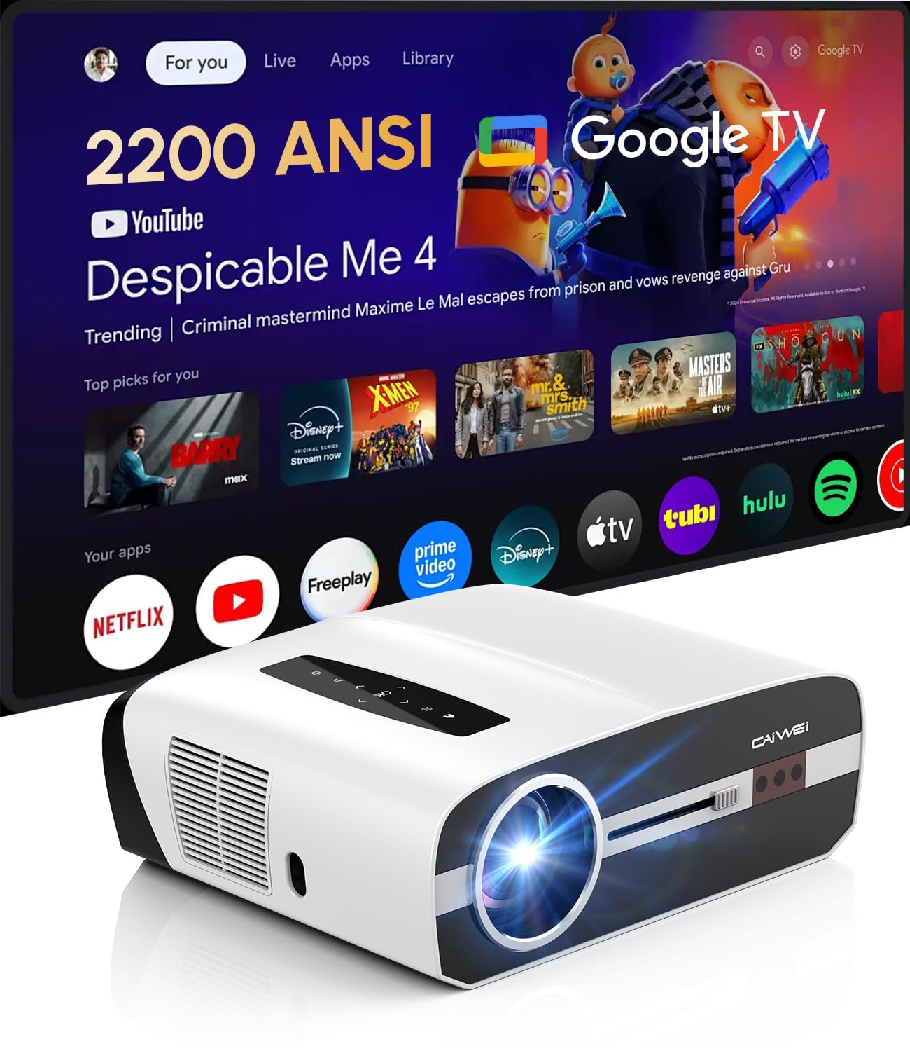 4K Daylight Projector Google TV 2200 ANSI Lumens, HDR10 Smart Home Theater Projector with WiFi6 Bluetooth, TOF Autofocus, Dolby Audio,3-Brightness, HDMI Outdoor Movie Projector