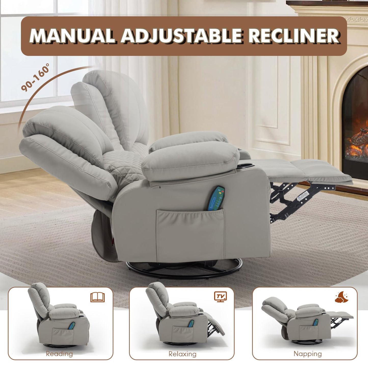 Comermax Swivel Rocker Recliner with Heat and Massage, Wide Seat Heated Massaging Reclining Chair, Faux Leather Rocking Recliner Glider Chair with Cup Holder, Grey