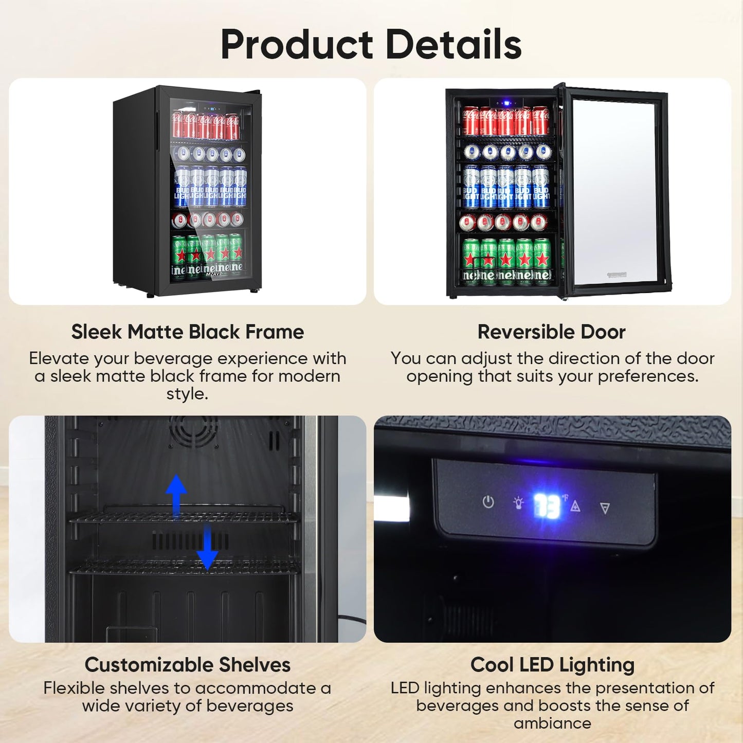 MZAVP 120 Cans Beverage Refrigerator Freestanding, Small Beverage Cooler with Glass Door, Mini Drink Fridge for Beer Soda, 3.0 Cu.Ft for Office, Home, Bar, White LED Light & Reversible Door - Black