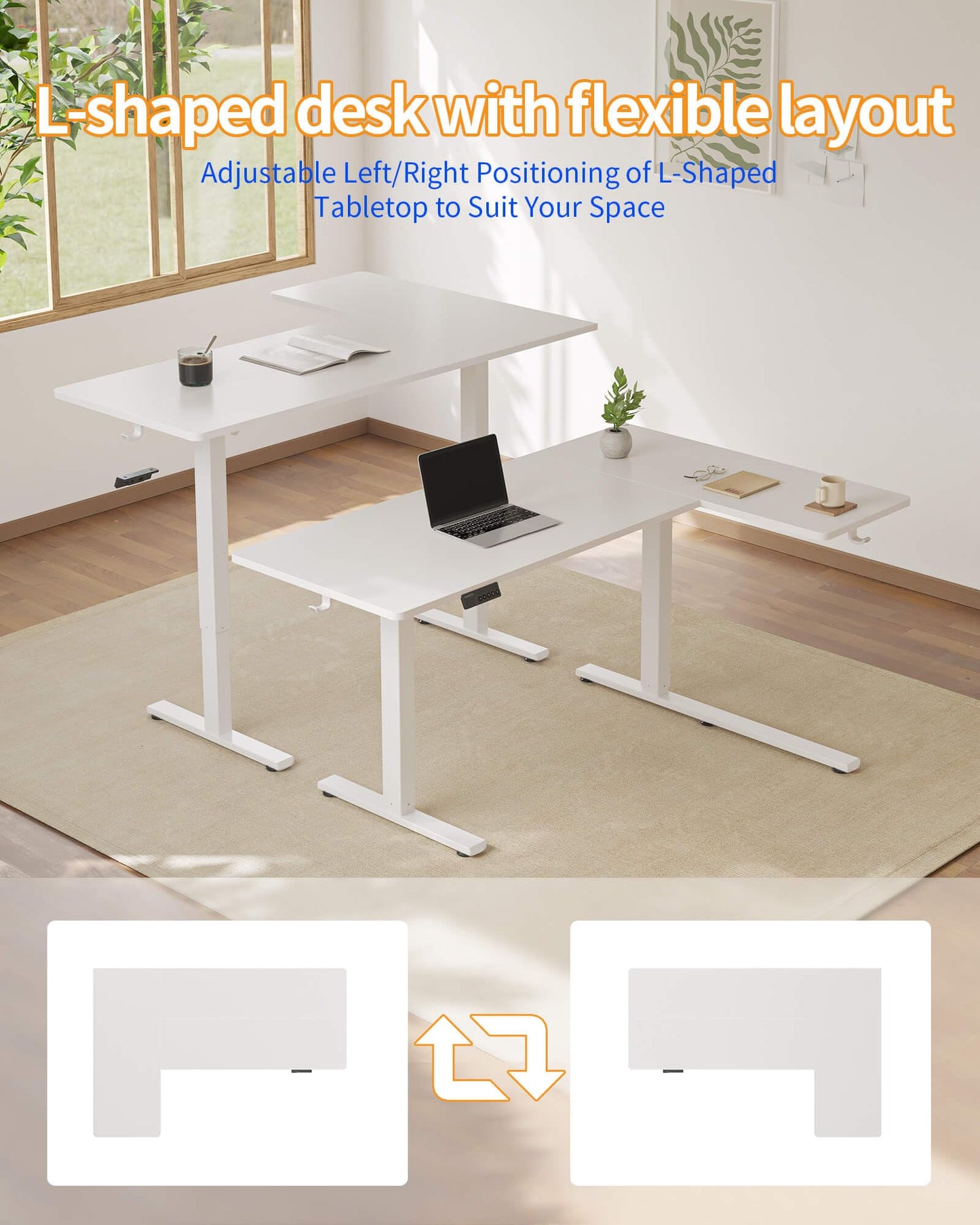 YIHAYO Reversiable L-Shaped Electric Standing Desk, 59 Inches Stand Up Corner Desk, Sit and Stand Up for Work Office Home, Ergonomic Rising Computer Table with Splice Board, White