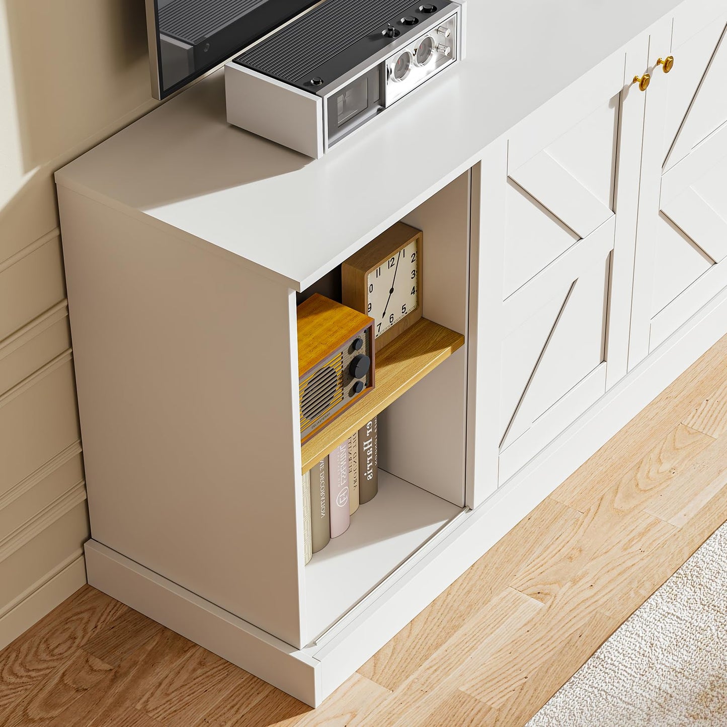 ivaniti 3-Piece Farmhouse Entertainment Center Wall Unit, White TV Stand with 2 Tall Bookcases, 61.8" Media Console with Sliding Barn Doors, 71" Bookshelves with Glass Doors and Adjustable Shelves