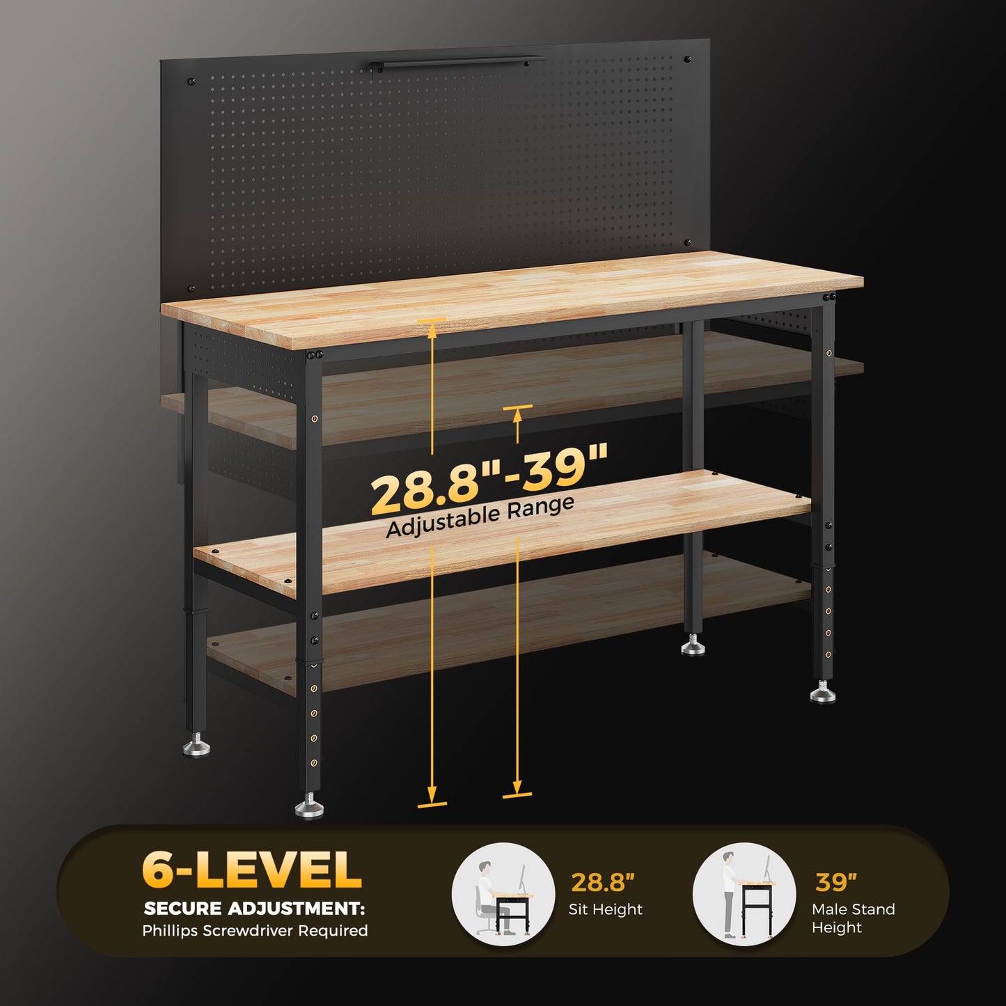 CAMMOO 60" Work Bench Adjustable Height with Storage Shelf, Max Load 2000 LBS Heavy Duty Rubberwood Tabletop with Pegboard, LED Light, Built-in Power Strip for Woodworking Shop, Garage, Home