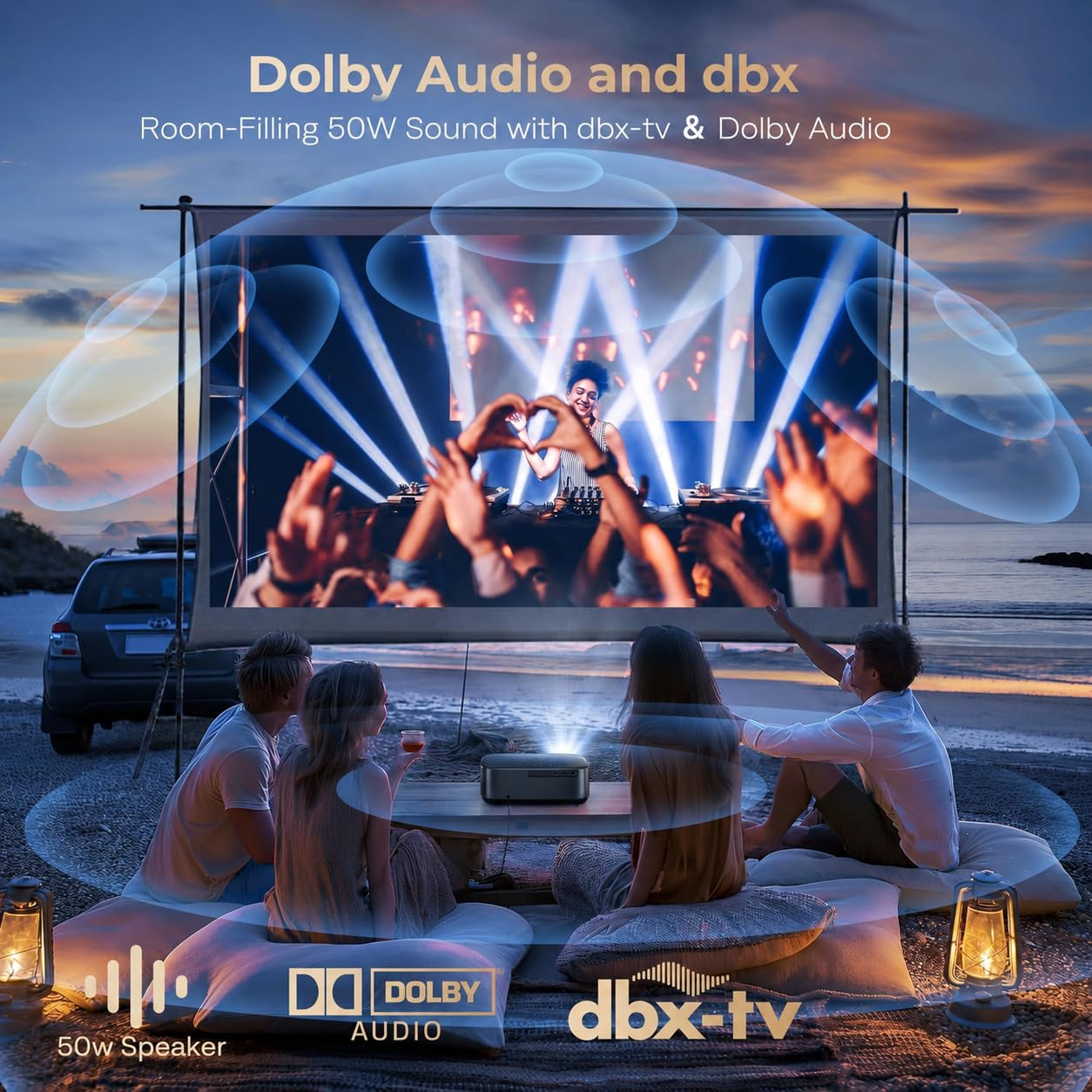 [2500 ANS ＆ 50W] Alvar Outdoor Projector 4K Support with WiFi 6 and Bluetooth, dbx-tv Sound, Built in NetfIix App & DoIby Audio Proyector, Auto Focus & Keystone Smart for Soccer Match