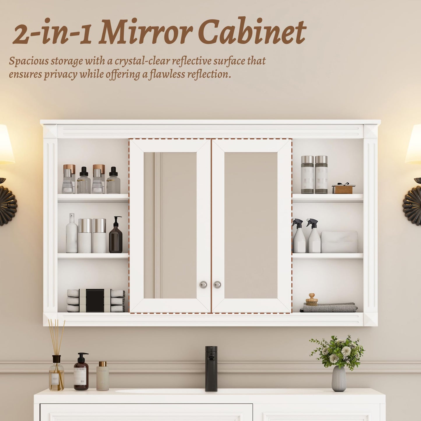Merax Bathroom Medicine Cabinet with Mirror Door & Adjustable Shelf, 48" x 28" Wall Mounted Bathroom Storage Cabinet with Mirror, Over The Toilet