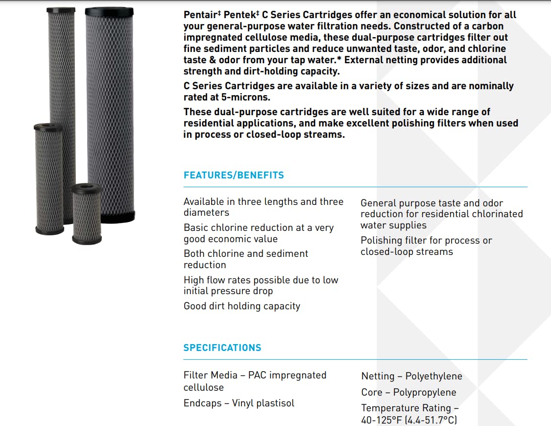 Pentair Pentek C1-20 Dual Purpose Carbon Water Filter, 20" x 2.5" Powdered Activated Carbon Cartridge, 5 Micron Sediment and Chlorine Taste Odor Reduction, 10000 Gallon Capacity, Pack of 14