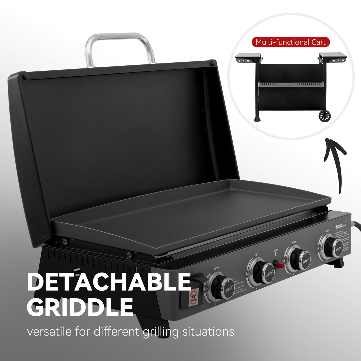 Royal Gourmet PD4001 4 Burner Propane Gas Griddle with Removable Standing Cart, Convertible to Tabletop Design, Flat Top Grill with Hood for Camping, Tailgating, Backyard, Black