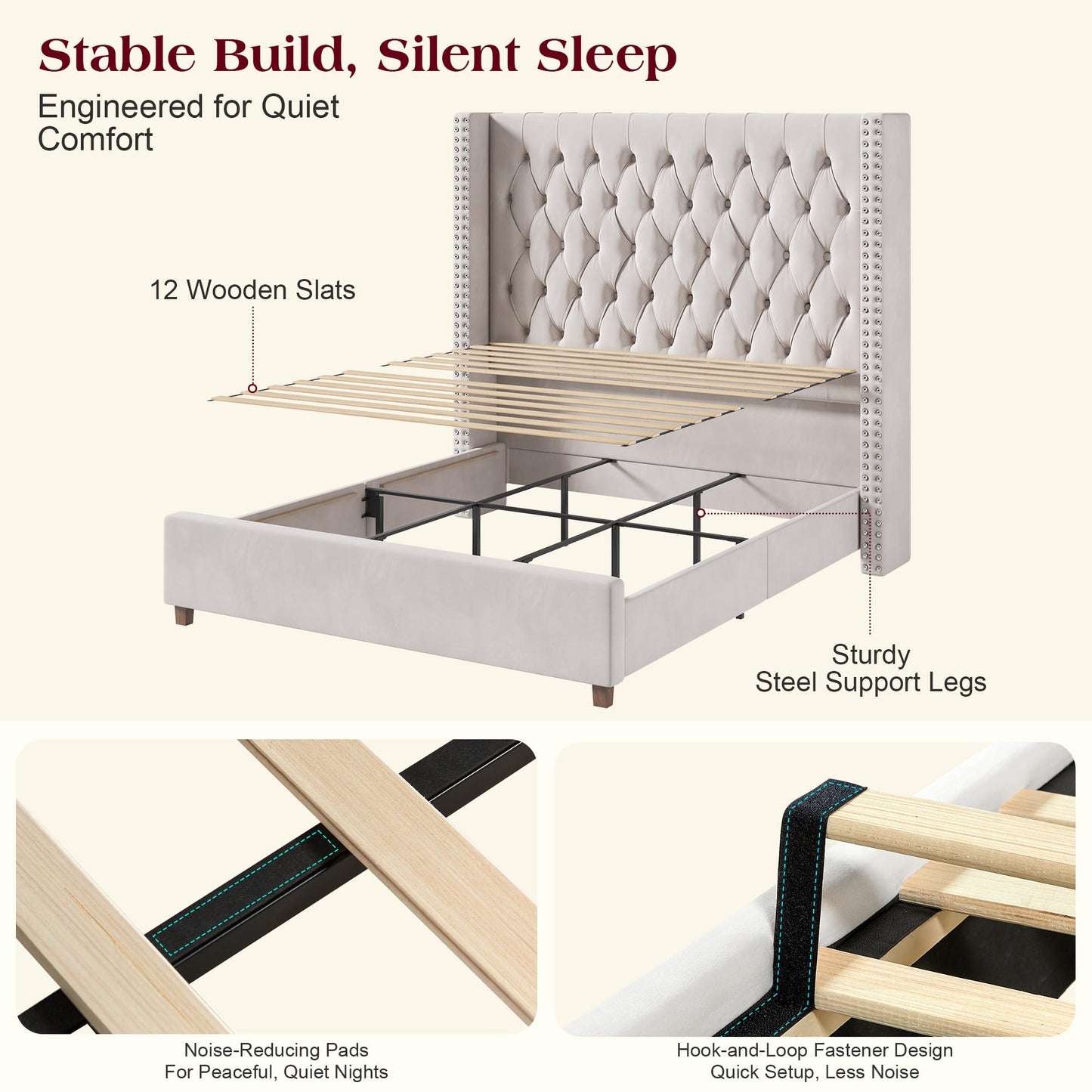 PaPaJet California King Bed Frame with 61.4" Tall Wingback Headboard, Velvet Upholstered Platform Bed, No Box Spring Needed, Noise-Free&Easy Assembly, for Tall Sleepers & Long Master Bedroom, Cream