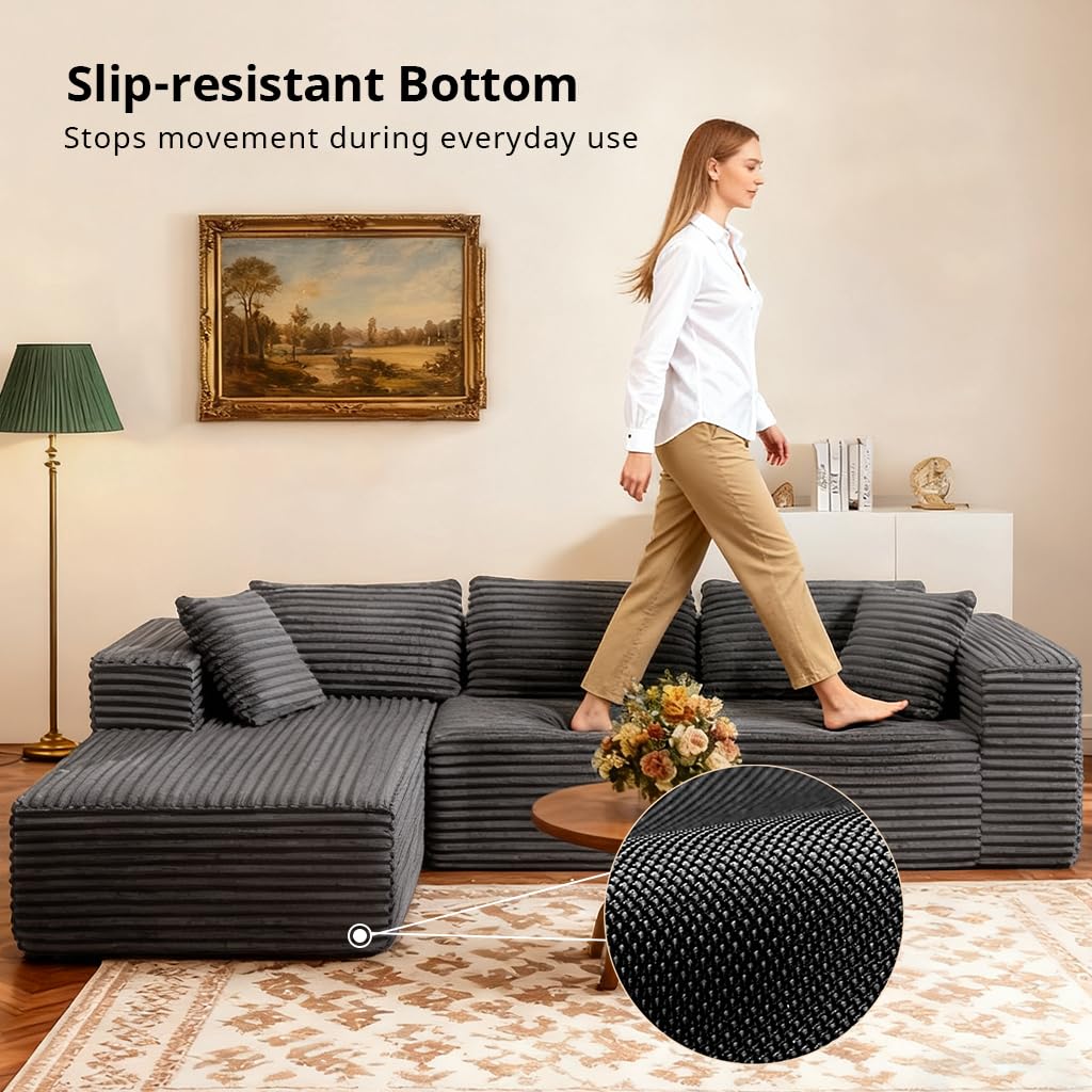 COMHOMA 105”Modular Sectional Sofa with Deep Seat,Cloud Upholstered L-Shape Boneless Couch Wide Arms Corduroy Fabric High-Density Foam Chaise Lounge for Living Room No Assembly Required,Dark Grey