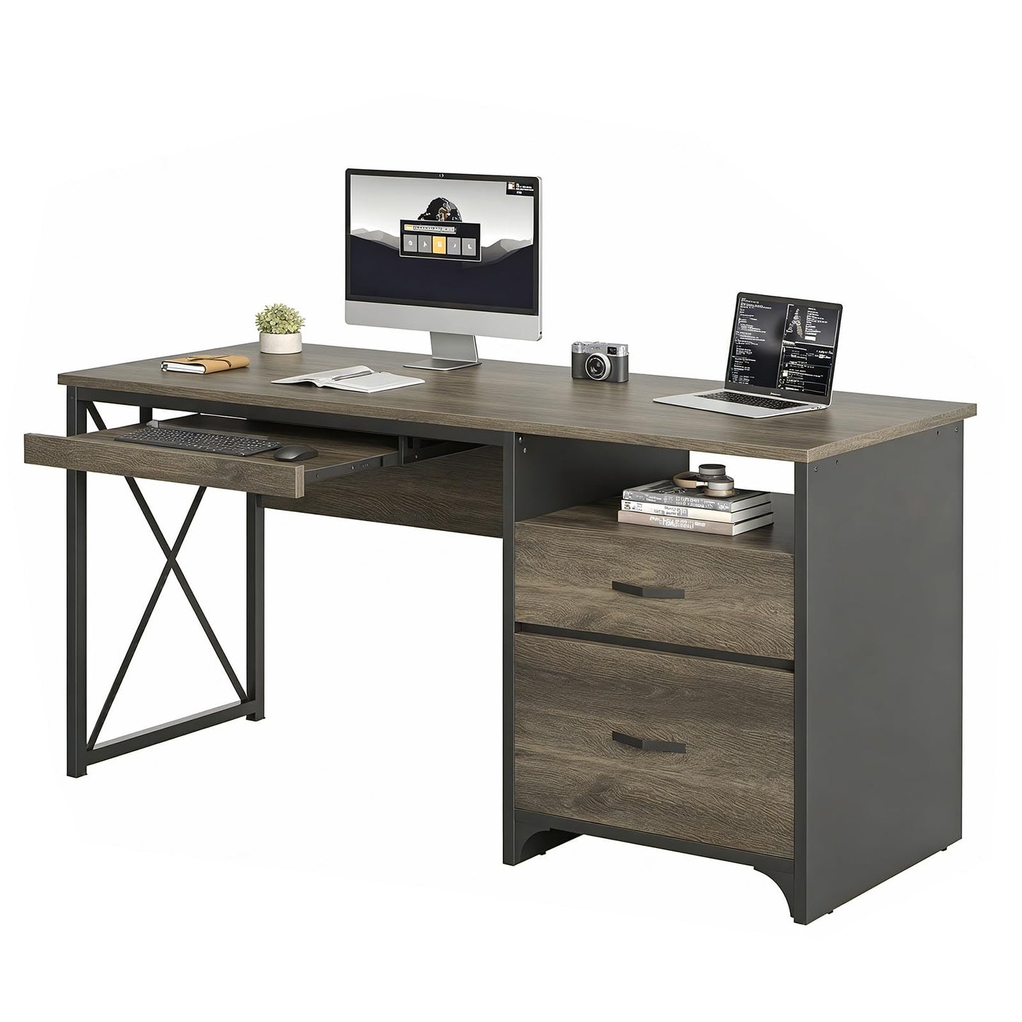 Bestier Office Desk with Drawers, 55 inch Industrial Computer Desk with Storage, Wood Teacher Desk with Keyboard Tray & File Drawer for Home Office, Dark Gray Oak
