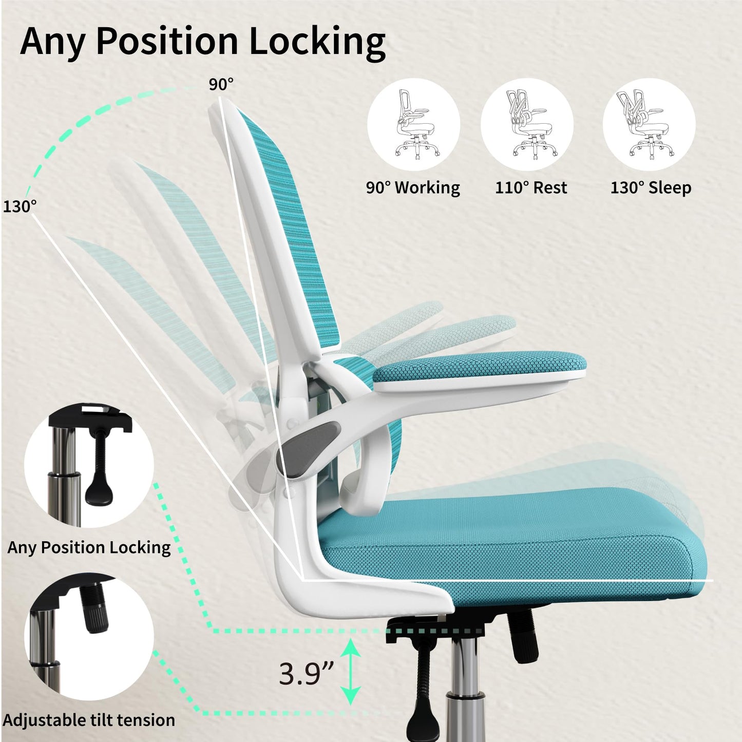 Blue Office Chair, Ergonomic Desk Chair - Thick Cushion Adjustable Height Computer Chair with Lumbar Support and Flip-up Armrests, Home Office Desk Chairs, Swivel Executive Task Chair