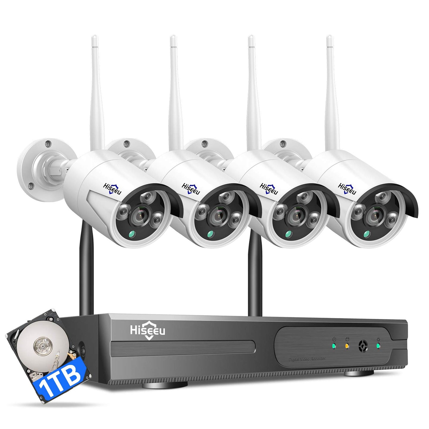 [100ft] Hiseeu Wireless WiFi Security Camera System, Wired Plug-in Powered, Expandable 16CH 4K NVR, 4Pcs 3MP Night Vision Cameras Home Surveillance Outdoor, Motion Detection, 1TB HDD, One-Way Audio