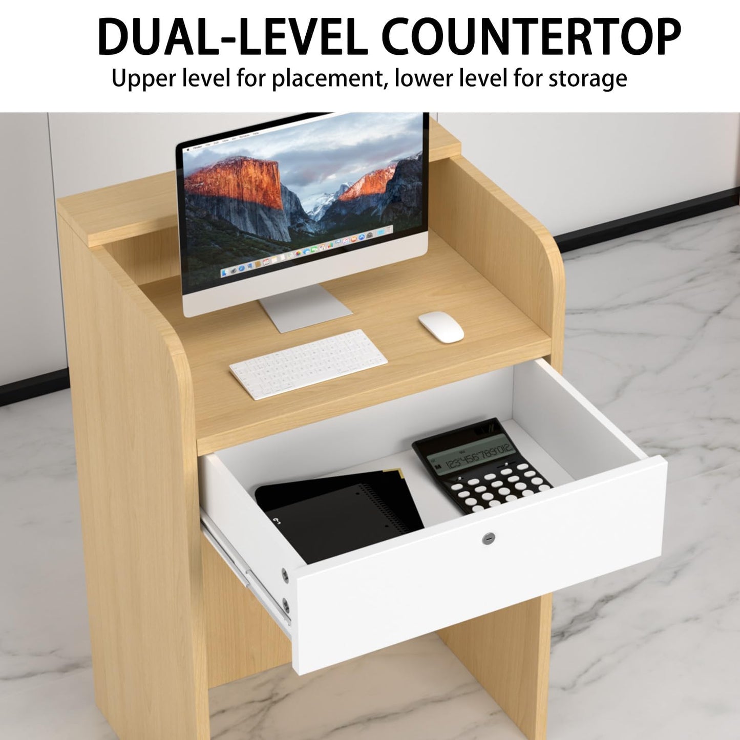 Small Reception Desk with Counter, Modern Front Desk with LED Light & Lockable Drawers, Checkout Counter, Retail Counter, Cash Register Stand for Salon, Lobby, Office, Retail, Natural, 23.6 Inch