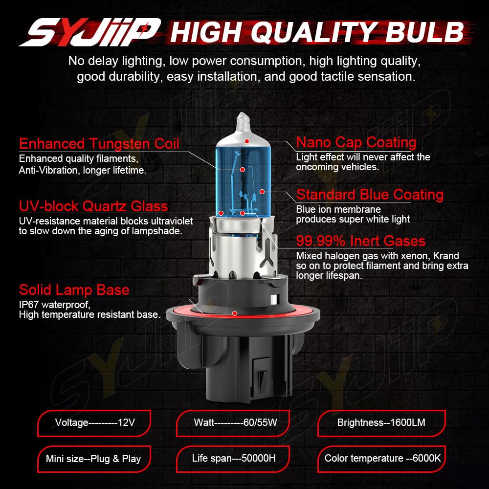 SYJIIP Halogen Headlight Bulbs H13 9008 for Ford F150 F250 F350 F450, 6000K White, 300% Brightness, Plug n Play,