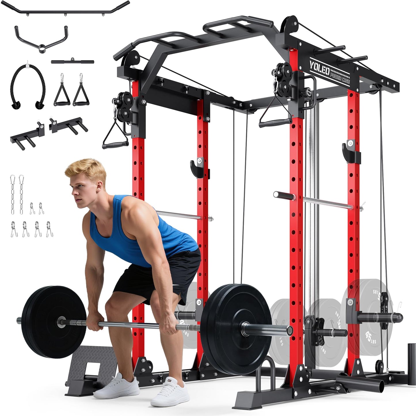 YOLEO Smooth Pulley System Power Cage, Adjustable Cable Crossover Power Rack, Multi-Functional Cable Machine for Home Gym (Power Cage)