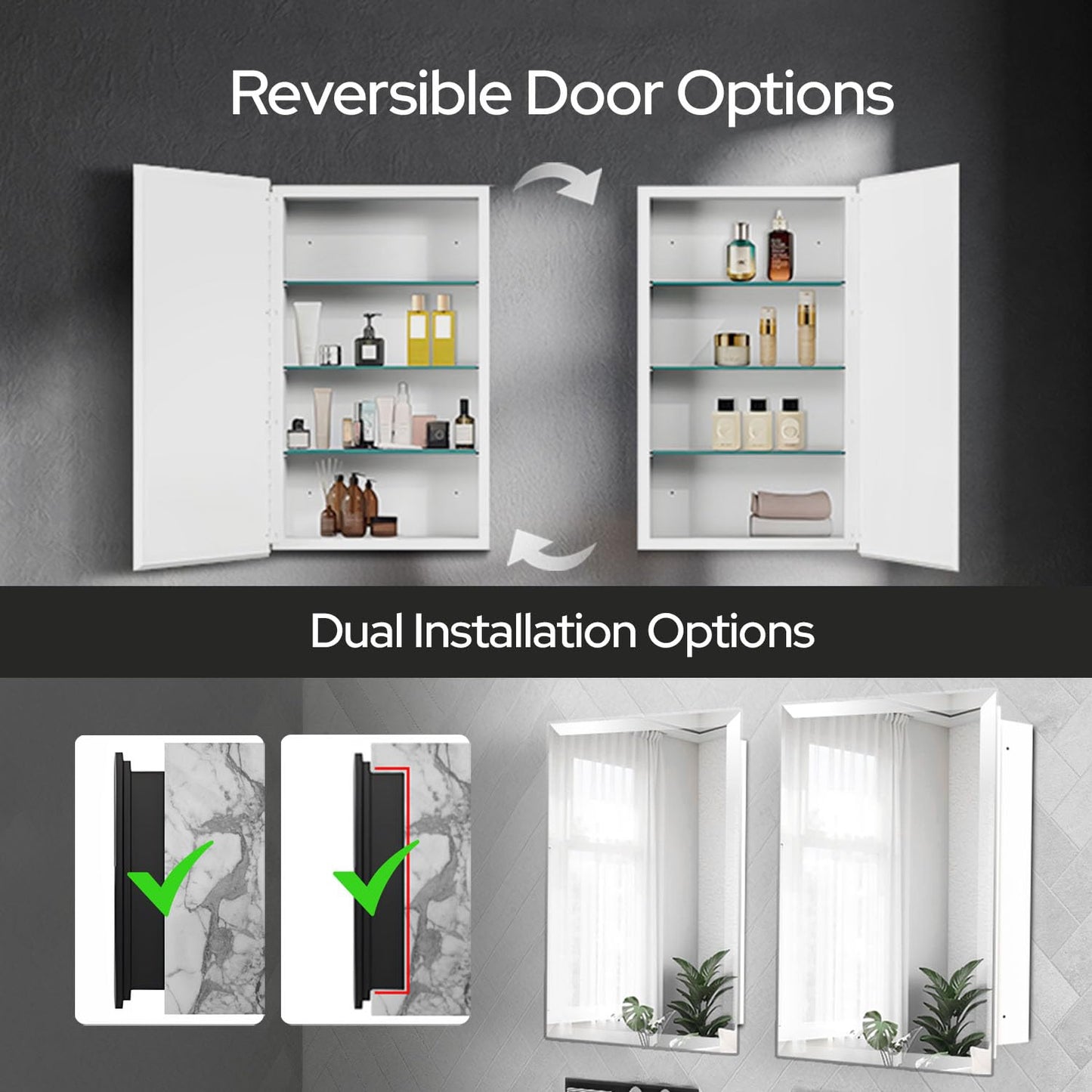 HOUSE REFLECTION Bathroom Medicine Cabinet Mirror – Frameless Beveled Mirror Door, Wall Mounted Bathroom Mirror Cabinet, Recessed or Surface Mount, (22" x 30" Mirror Door)