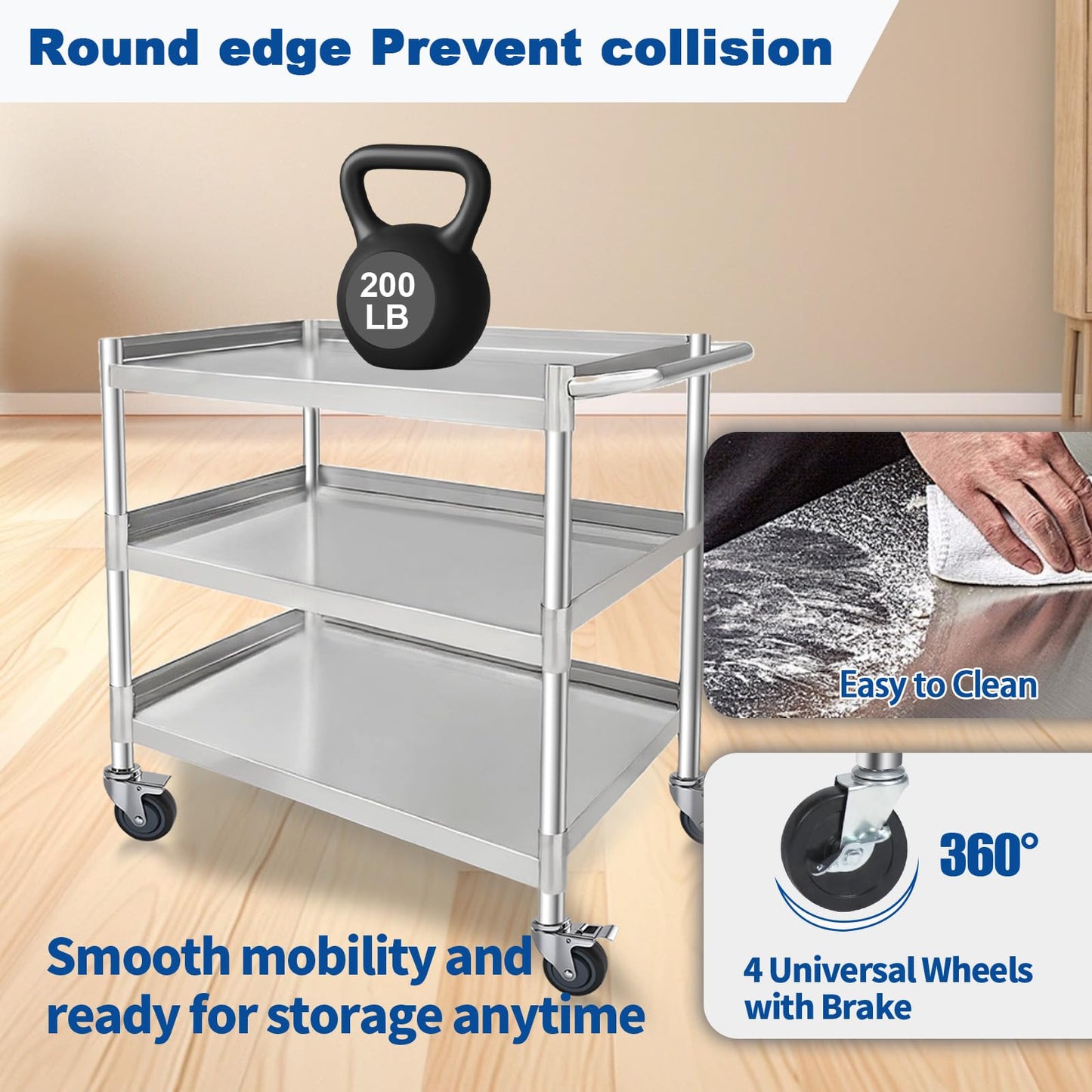 Hutioai 3-Shelf Stainless Steel Rolling Utility Cart - Heavy-Duty Metal Mobile Storage with Handle & Locking Wheels - Ideal for Kitchen, Medical, Lab, Restaurant & Home Use (16''x24''x34'')