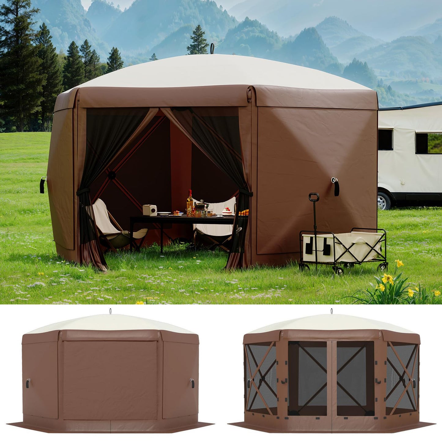 Garvee 12FT Pop-Up Gazebo 6-Sided, Outdoor Canopy Tent with Mosquito Netting & Removable Wind Cloths for Camping, Backyard Parties, Outdoor Events, Beige & Khaki