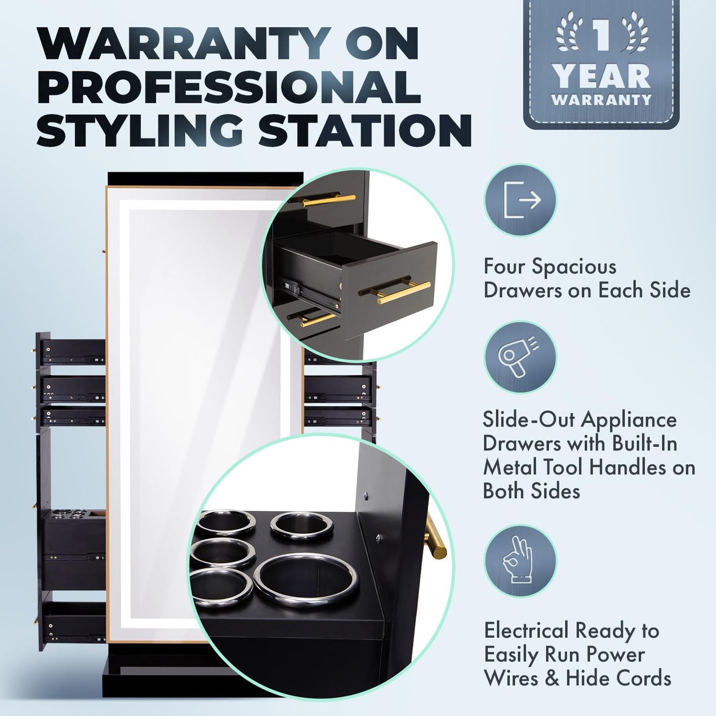 Buy-Rite Salon & Spa Equipment Modena Ultra Double Sided LED Styling Station for Professional Salons and Barbershops, Gold Frame with Gold Handles, NIN-MD-01-ULTRALED (Gloss Black)