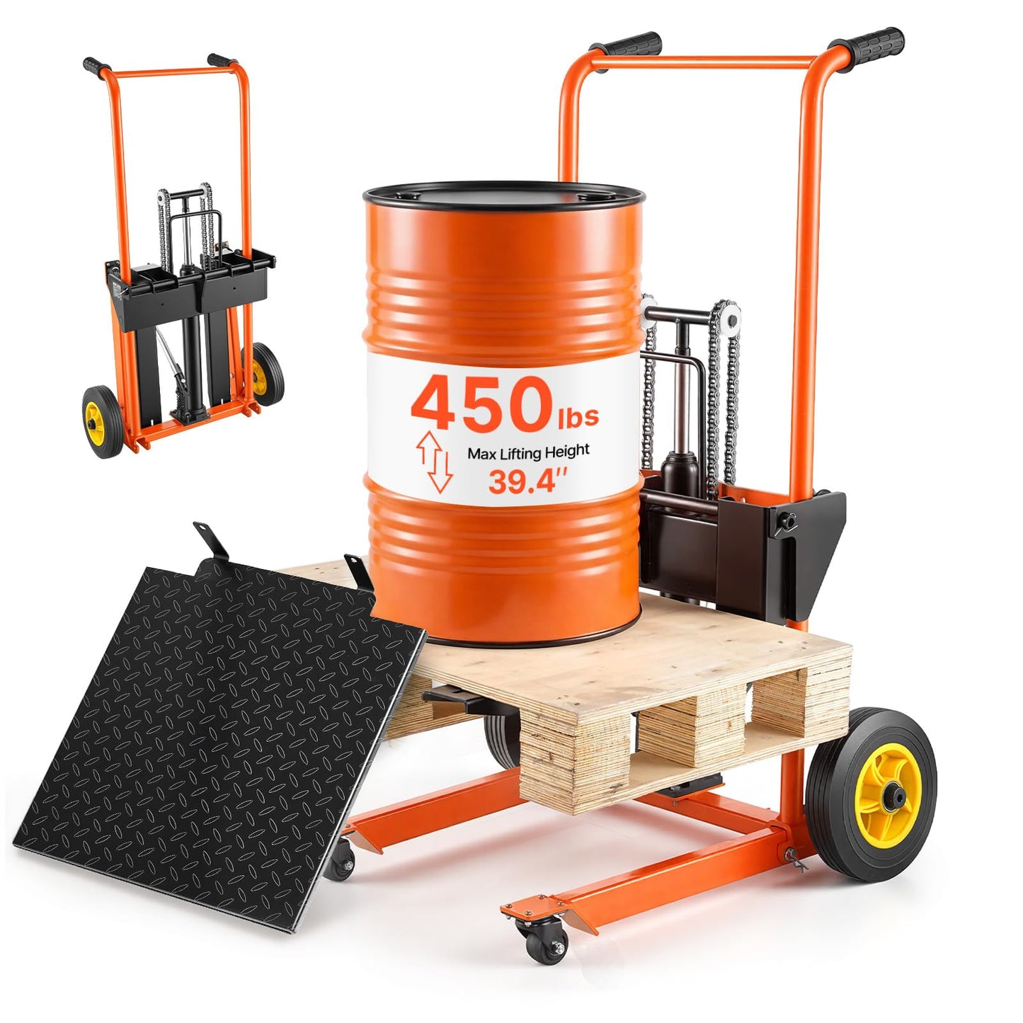 VEVOR Hydraulic Material Lift Winch Stacker, 450 lbs Load Capacity, 39.4'' Max Lifting Height, Pallet Truck Dolly with Fork Lift Table, Foldable & Portable Pallet Jack Table Cart, Orange & Black
