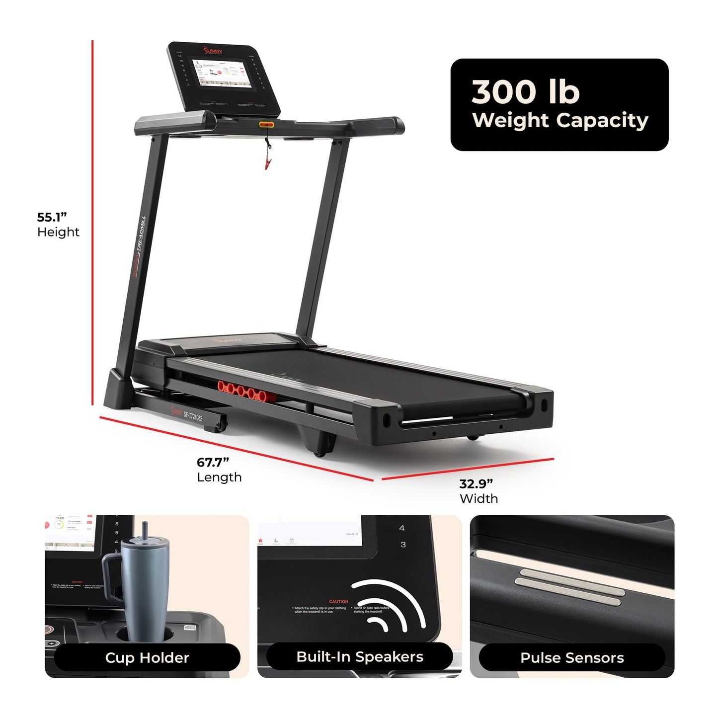 Sunny Health & Fitness Ultra T10 Wi-Fi Smart Treadmill with 10" Touchscreen, 12% Auto Incline, 20" Wide Running Deck with Free SunnyFit App – SF-T724082