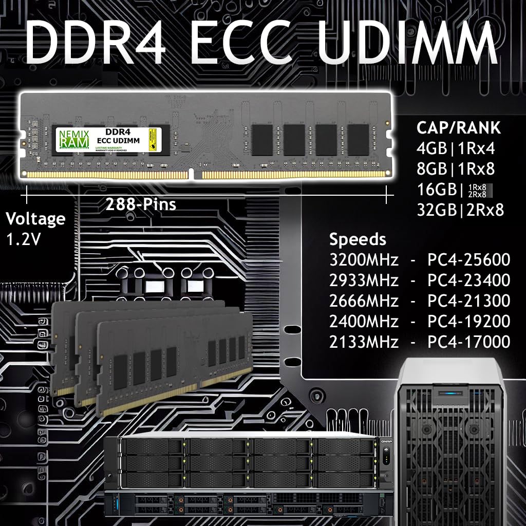 NEMIX RAM 32GB (1X32GB) DDR4 3200MHz PC4-25600 2Rx8 1.2V CL22 288-PIN ECC Unbuffered UDIMM Compatible with QNAP RAM-32GDR4ECK1-UD-3200 NAS Memory