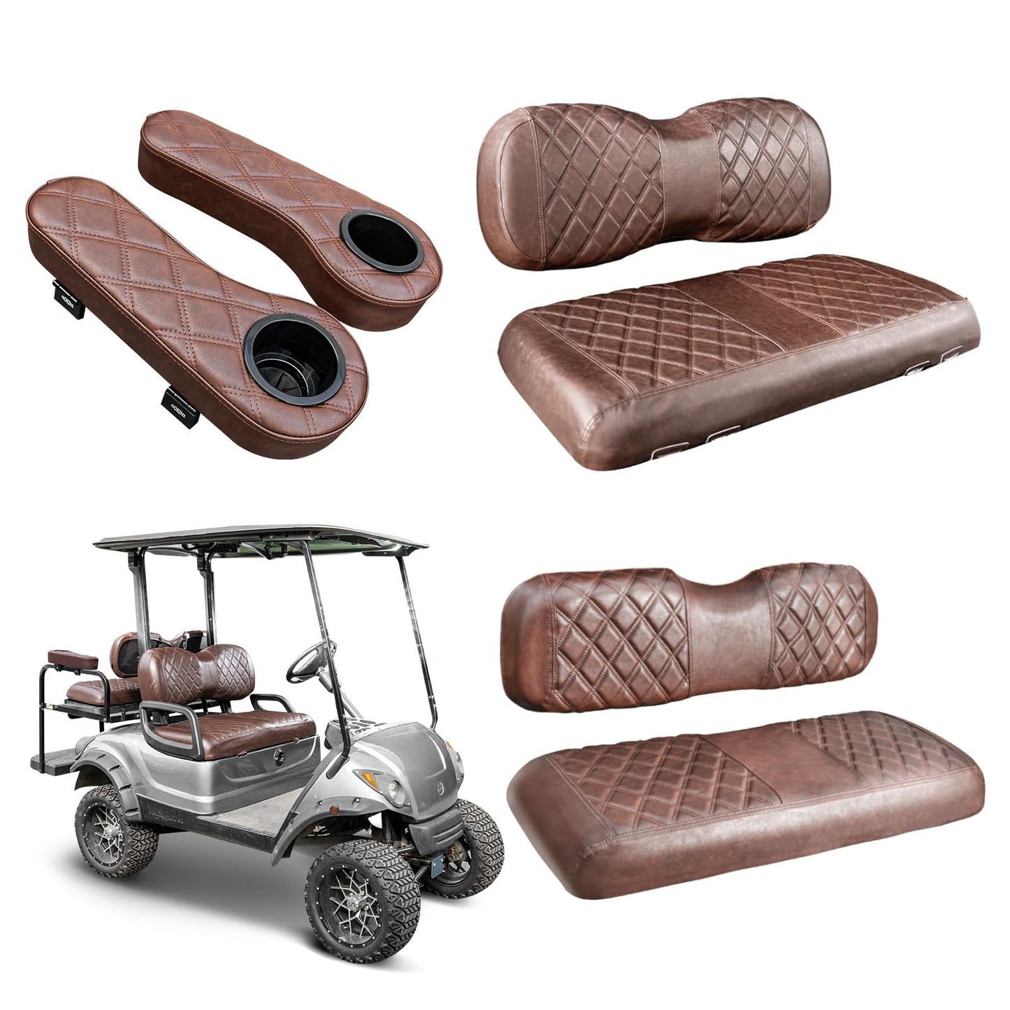 NOKINS Golf Cart Seat Covers for YAMAHA/G29/Drive2, Vinyl Front&Rear Seat Cover with Flip-Up Armrests kit, with Cup Holder, for 1" Square Tube (Brown&Brown 8438)