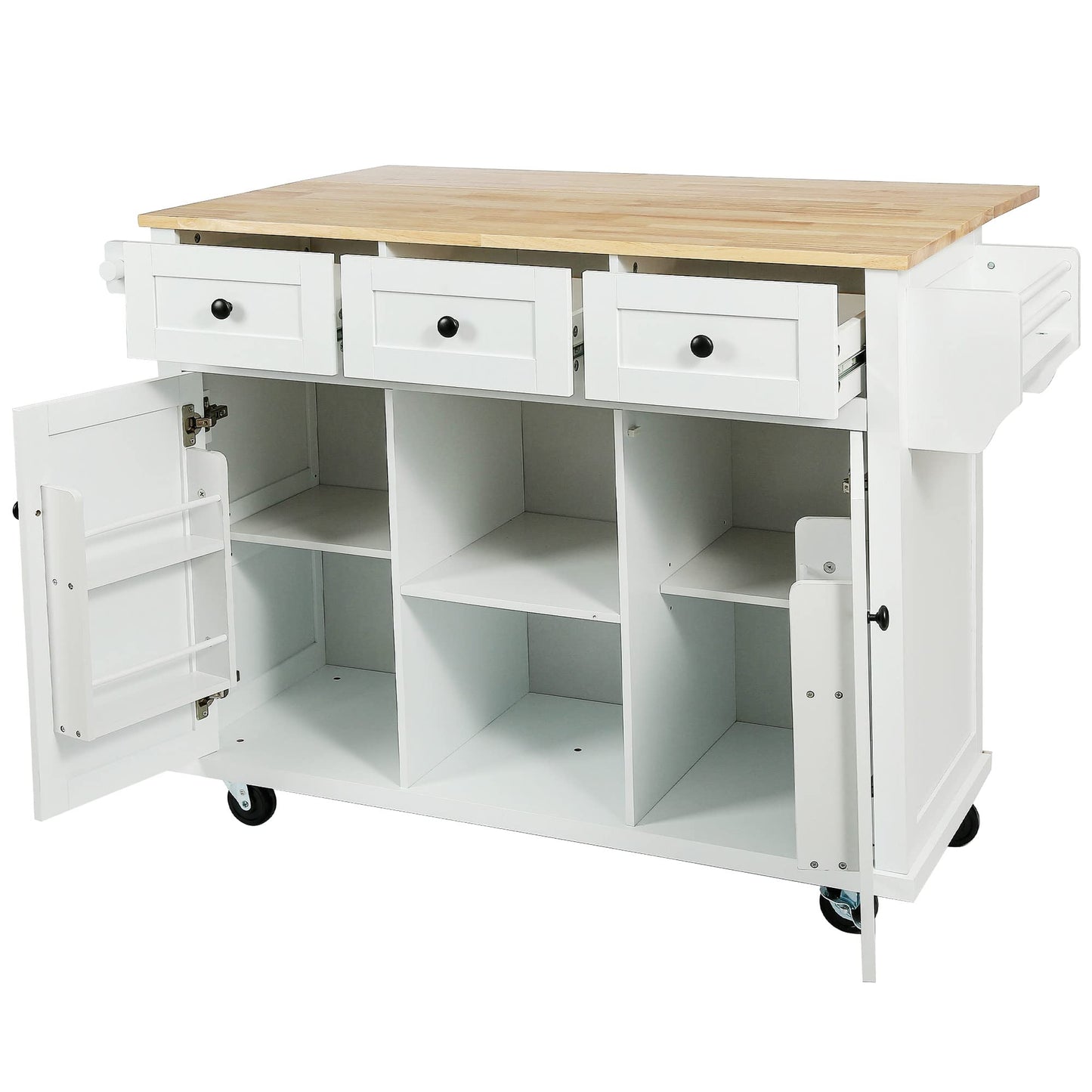 Favfurish Multipurpose Kitchen Cart Cabinet with Rubber Wood Drop-Leaf Countertop,Internal Storage Cabinet Racks W/ 5 Wheels & 3 Drawers for Dining Room, Home,Bar,White