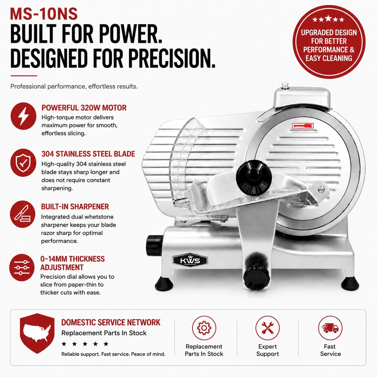 KWS 10NS Commercial 10" Electric Meat Slicer, 320W High-Torque Motor, Stainless Steel Blade, Deli-Style Thin Slicing, Built-In Sharpener, Heavy-Duty Aluminum Body for Meat, Cheese & Semi-Frozen Foods