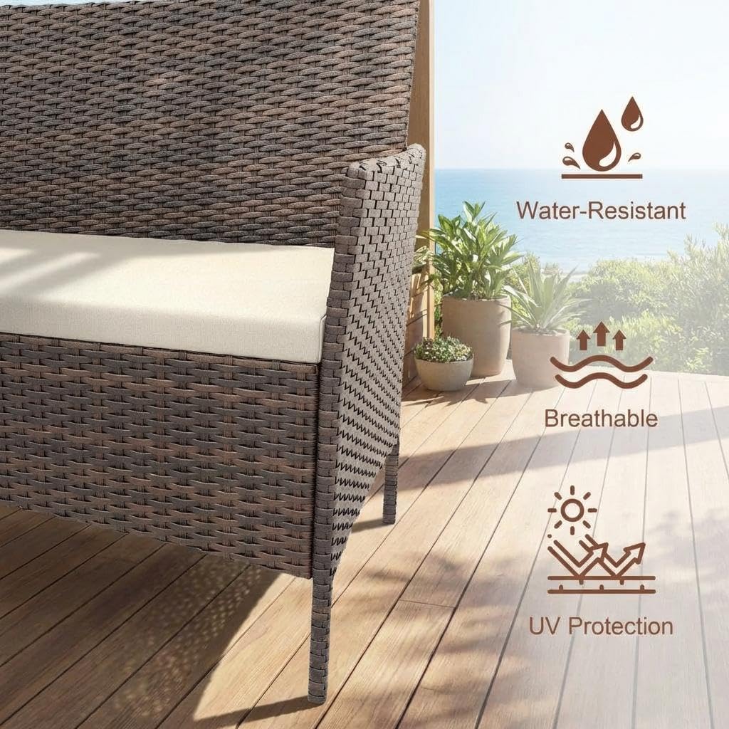 4PCS Outdoor Patio Bistro Set, PE Rattan Wicker Armchairs with Water-Resistant Cushions & Tempered Glass Coffee Table, All-Weather Conversation Set for Garden, Backyard, Porch, Poolside, Brown/Beige