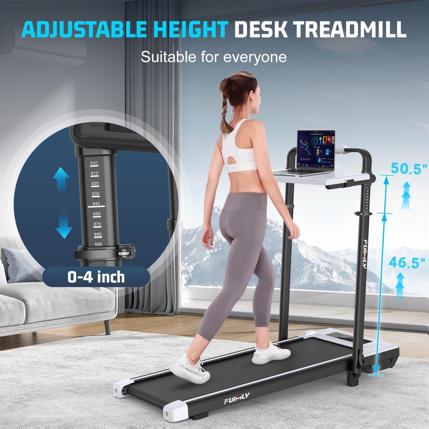 Walking Pad Treadmill with Removable Desk Workstation, 15% Incline Treadmill with Handle Bar, Foldable Treadmills Under Desk, Adjustable Height, 400 lbs+ Capacity, Walking or Running for Home Office
