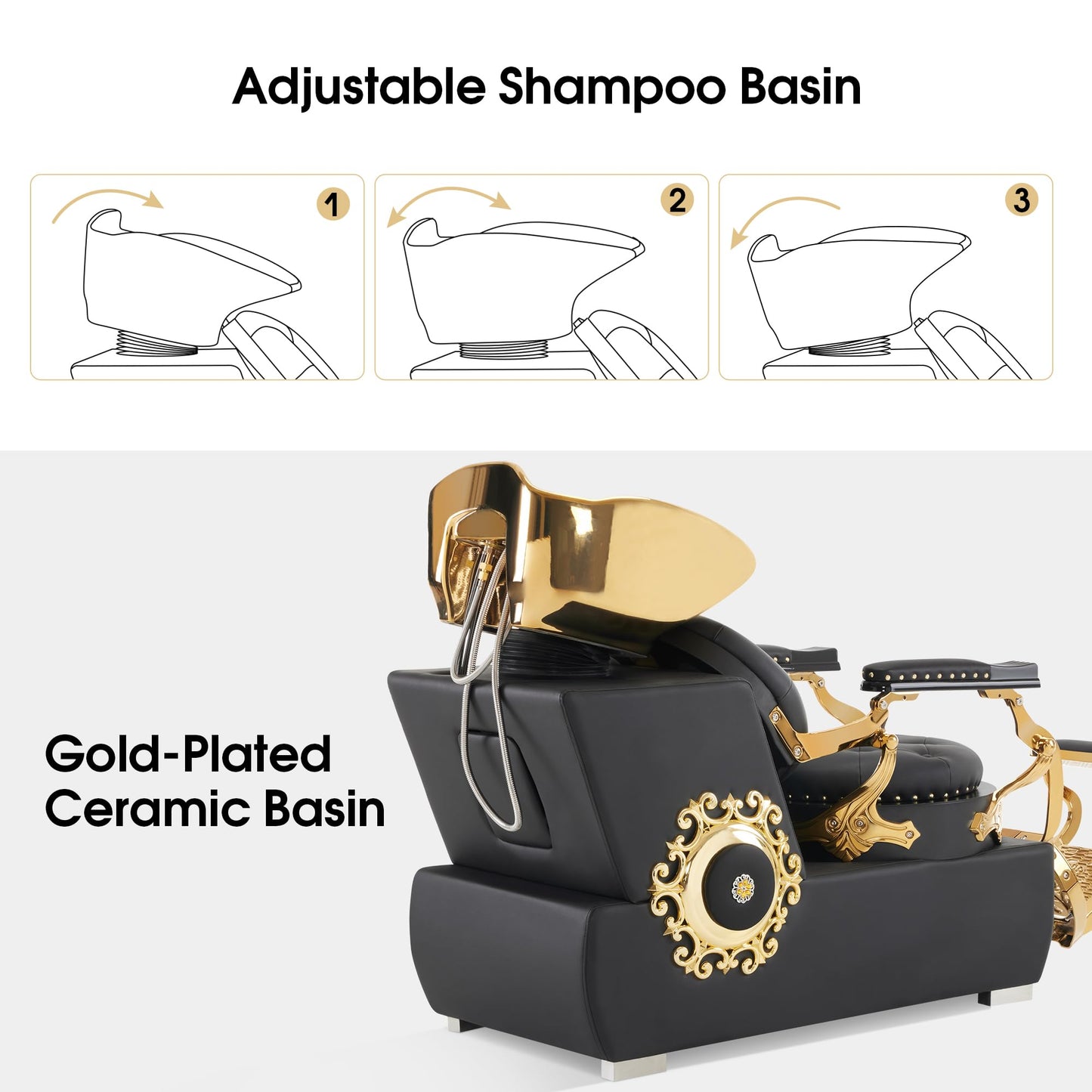 BarberPub Backwash Shampoo Station Chair, Retro Adjustable Porcelain Ceramic Hair Wash Bowl Unit Station, Shampoo Barber Chair with Vacuum Breaker for Spa Beauty Salon 8610 (Black&Gold)