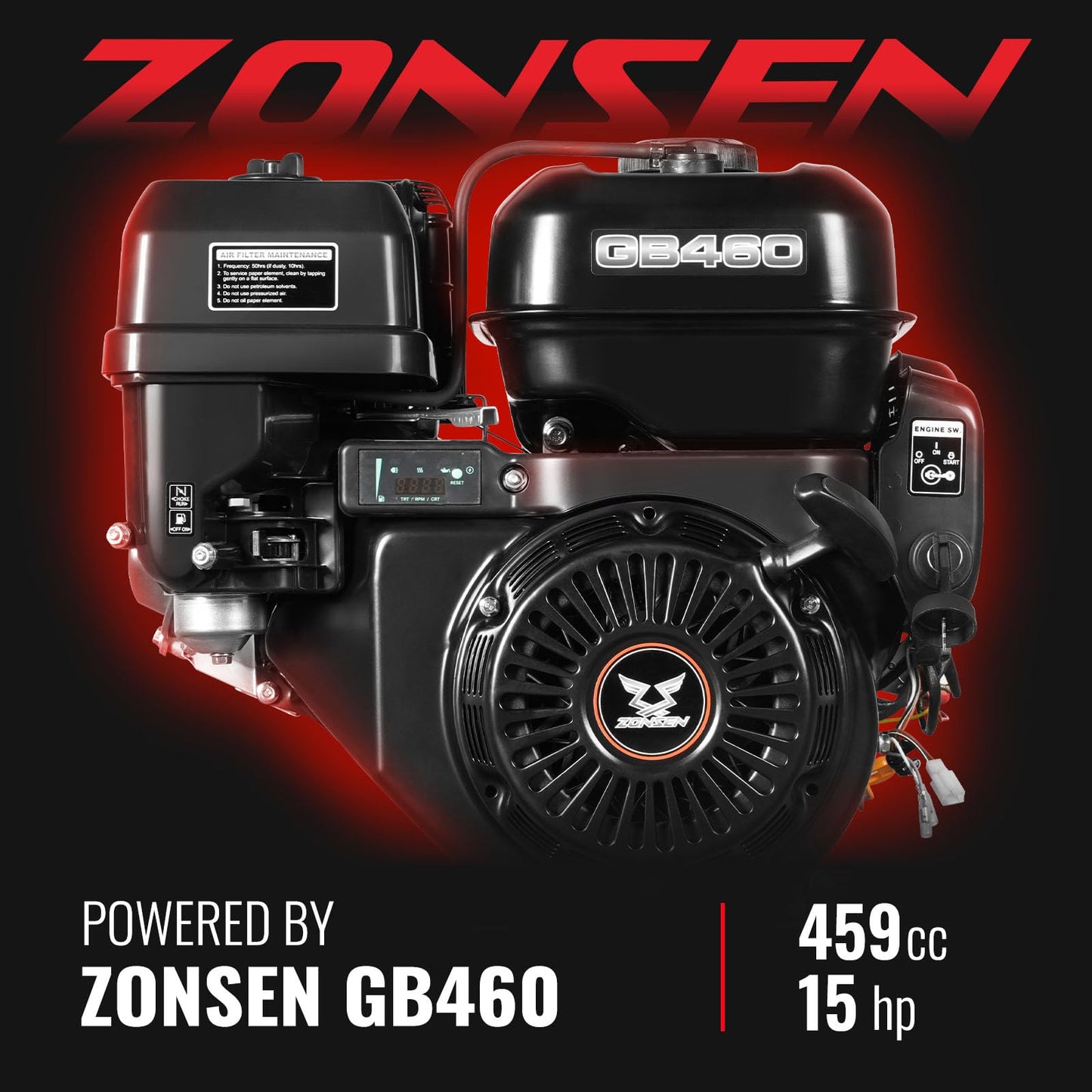 MechMaxx 5'' inch ZONSEN 459cc 15hp E-Start Gas Powered Wood Chipper Shredder Mulcher with Towbar/Emergency Stop Button, Model GS1500 Red