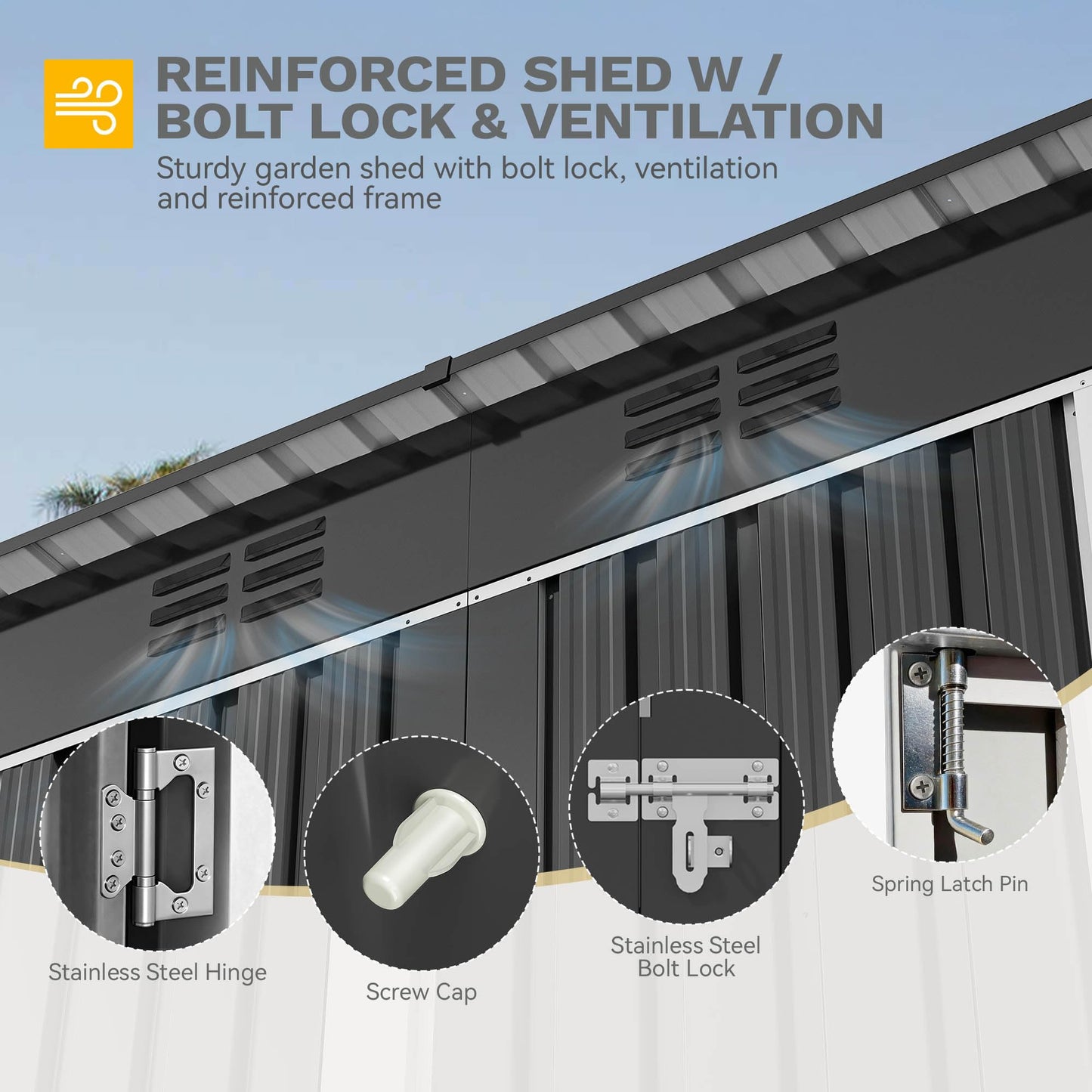 DWVO 9' x 4' Outdoor Storage Shed, Lockable Double Doors, Sloped Roof, Heavy-Duty Steel Shed for Garden & Patio, Large Backyard Tool Organizer, Dark Gray