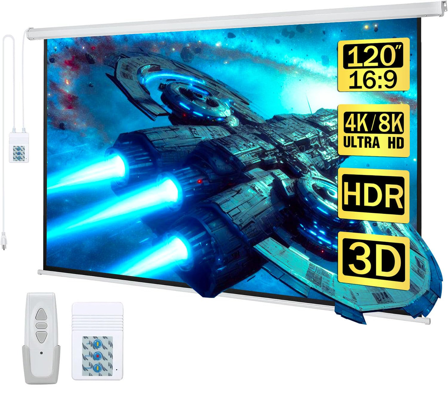 Kayle 120" Motorized Projector Screen Electric Diagonal Automatic Projection 16:9 HD Movies Screen for Home Theater Presentation Education Outdoor Indoor W/Wireless Remote, Wall/Ceiling Mount (White)