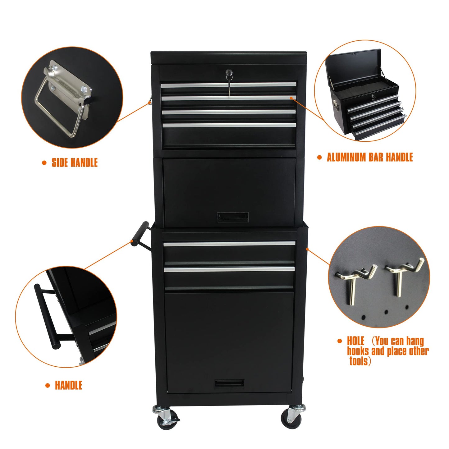 GDFStudio 20.87" Detachable 6-Drawer Rolling Tool Chest with Bottom Cabinet, Lockable Metal Tool Cabinet with Wheels, Hanging Panel, Side Handles, Garage Workshop Storage Cart, Black