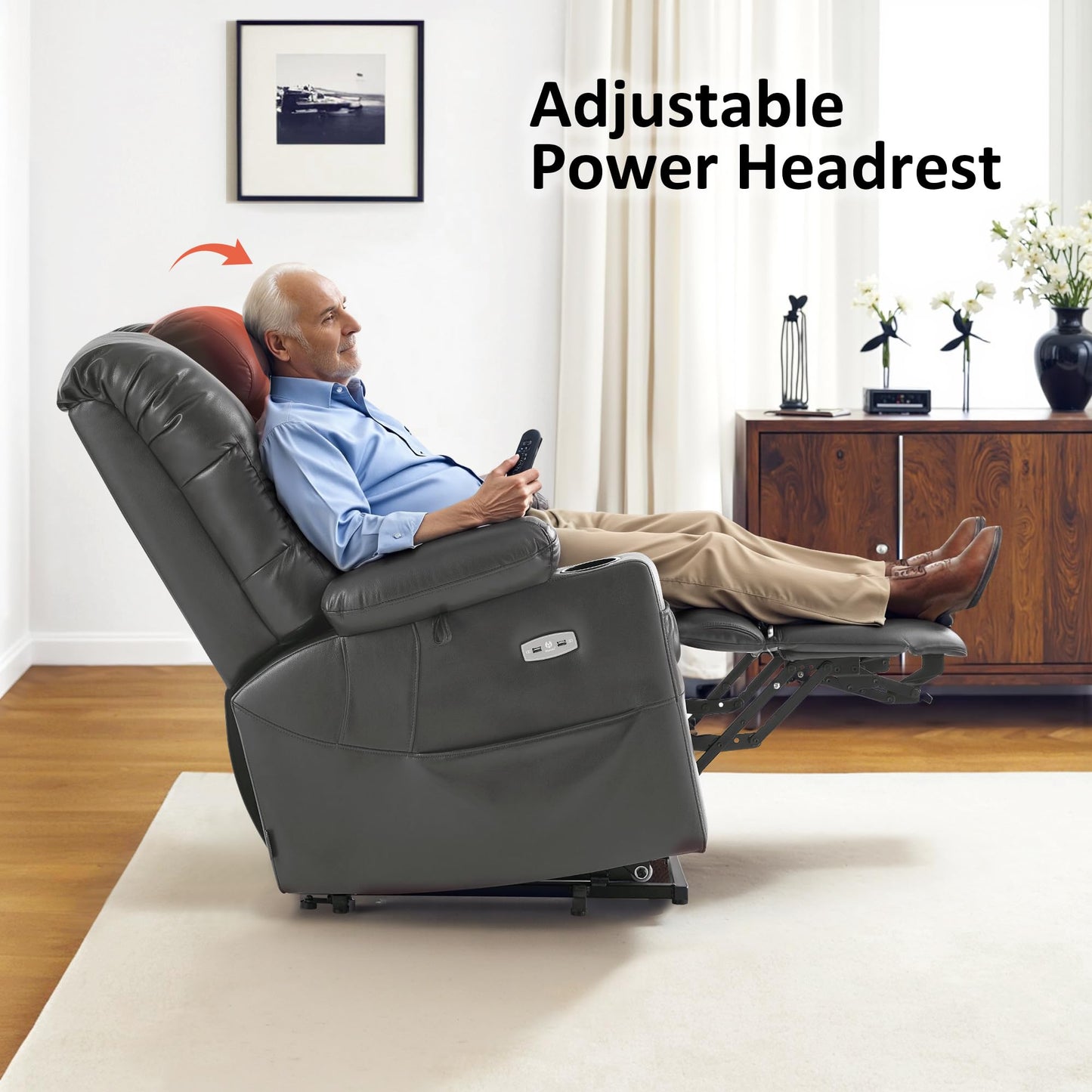 MCombo Triple Motor Power Lift Recliner Chair with Massage and Dual Heating, Adjustable Headrest for Tall Elderly People, Faux Leather 7634 (Dark Grey, Large)
