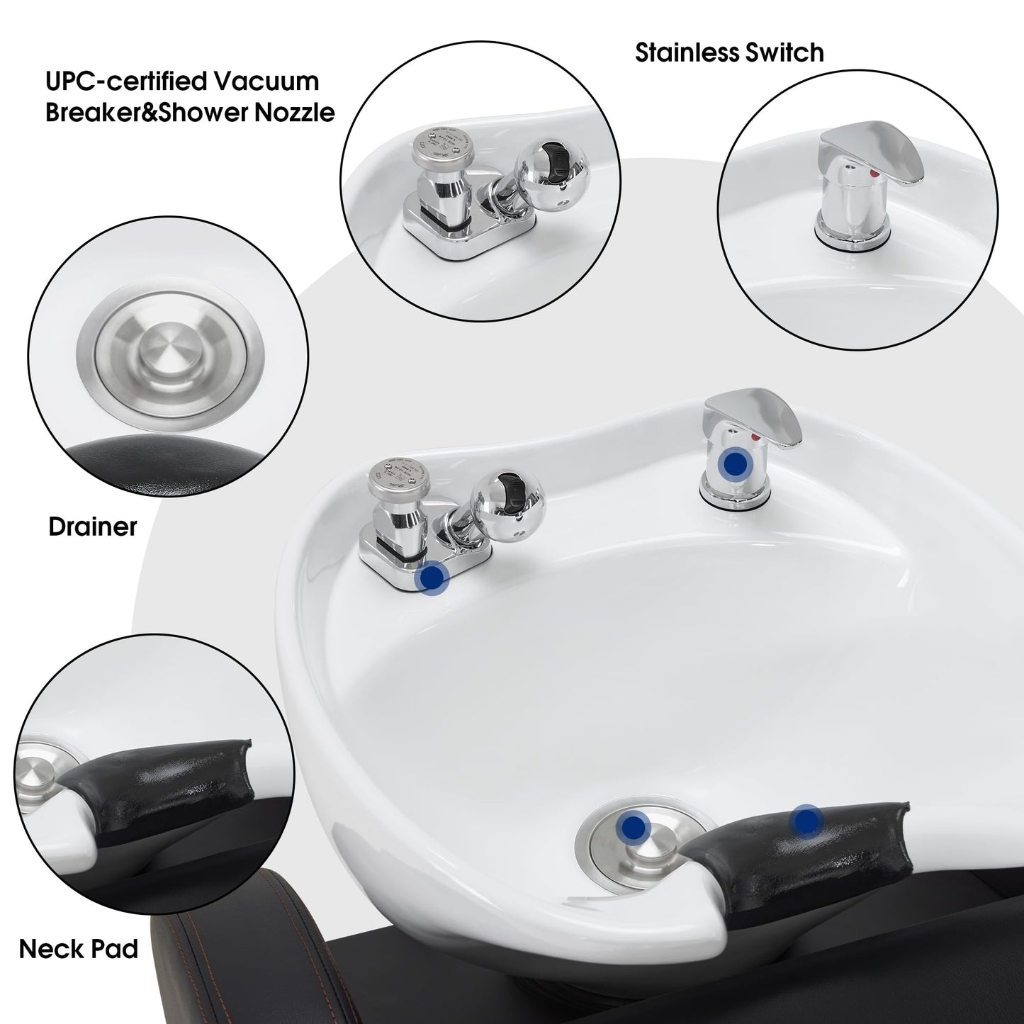 BarberPub Backwash Shampoo Unit with Leg Rest, Adjustable Ceramic Hair Wash Bowl Sink and Chair Set for Salon, Barbershop, Home Salon 9312 (Black)