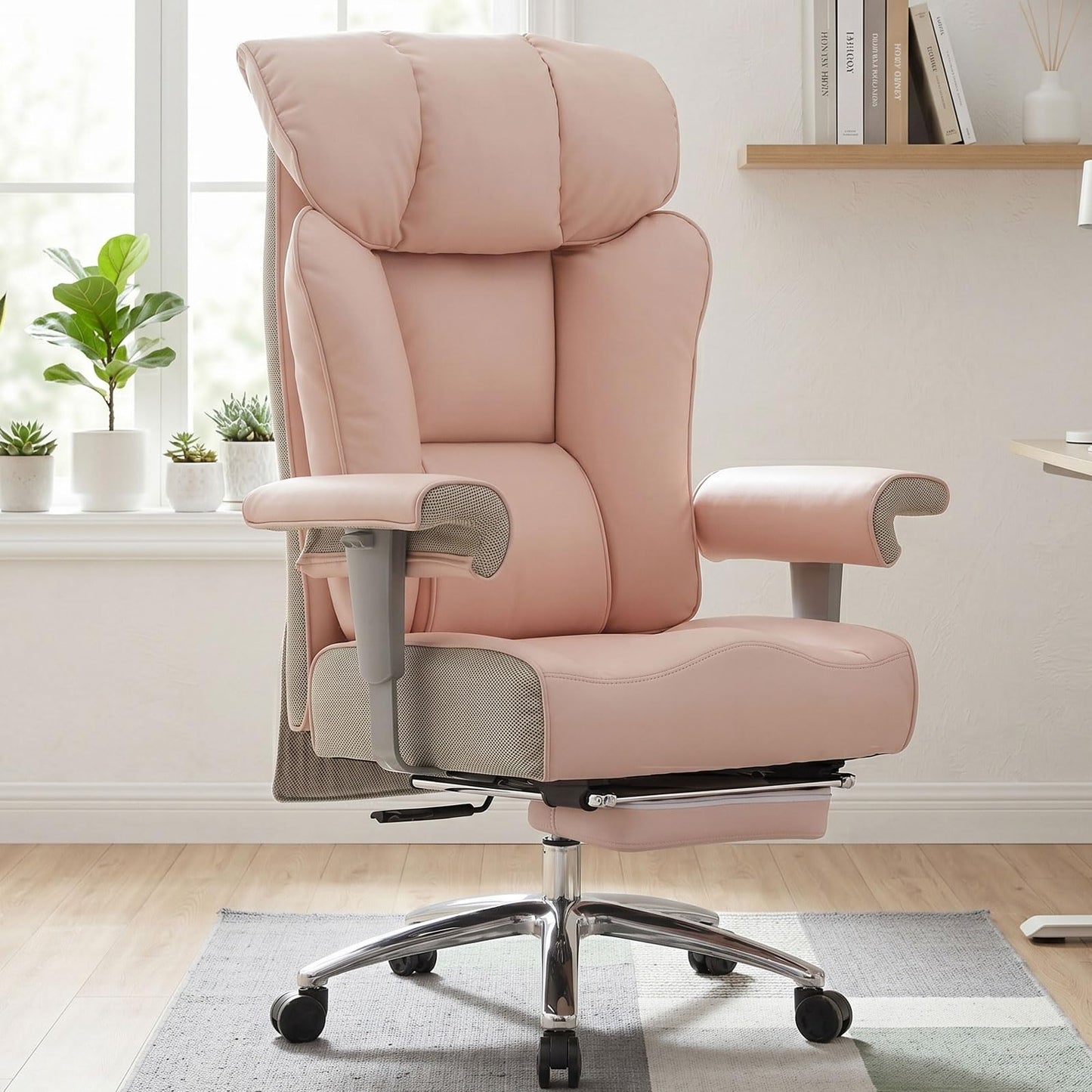 Efomao Big & Tall Pink Executive Office Chair 400lbs, Extra Wide 23.2" PU Leather Desk Chair for Women with Footrest, Pocket Spring & Adjustable Arms for Home Office