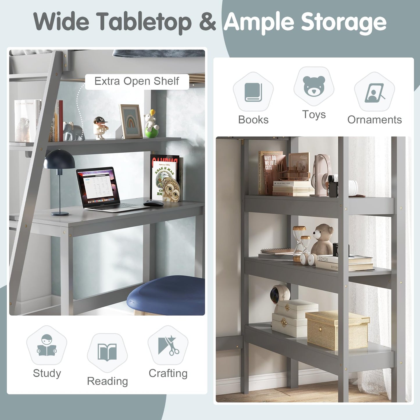 KOTEK Twin Loft Bed with Desk & Storage Shelves, Solid Wood Loft Bed Frame with Bookcase, Ladder, Guardrails, Twin Size Loft Bed for Kids, Teens, Drom, Apartment (Grey)