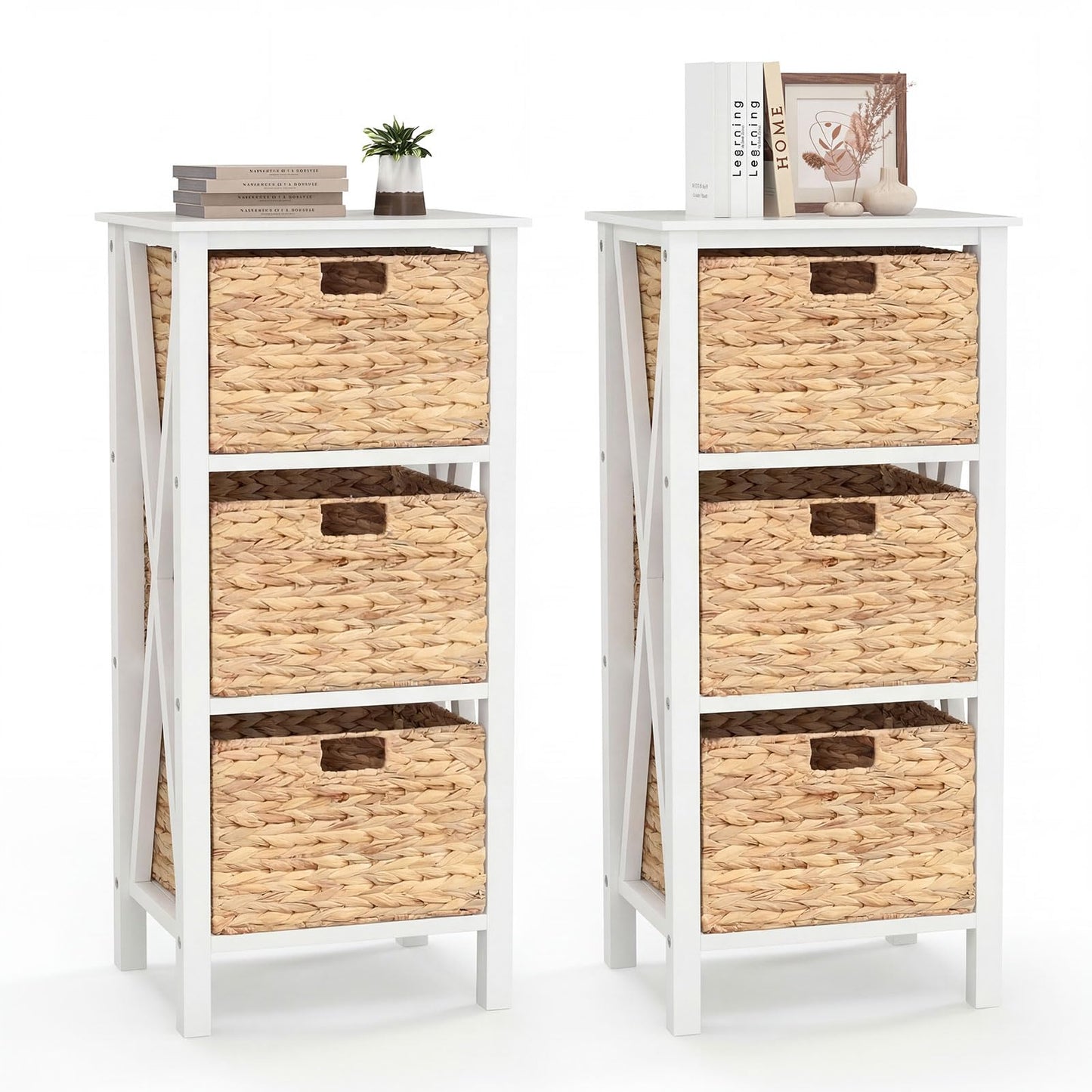 Giantex 3-Tier Nightstand with 3 Wicker Baskets Set of 2, Wooden X-Design Side Table End Table, Beside Table with Acacia Wood Legs, Mid Century Accent Storage Cabinet for Small Spaces, Bedroom, White