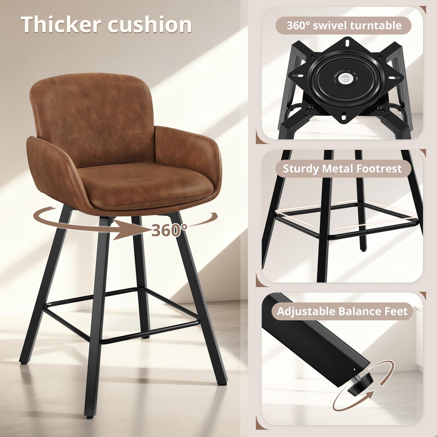 LUE BONA 26" Swivel Bar Stools Set of 4, Counter Height Bar Stools with Backrest and Arms, Modern Upholstered Barstools with Metal Legs for Kitchen Island, Brown