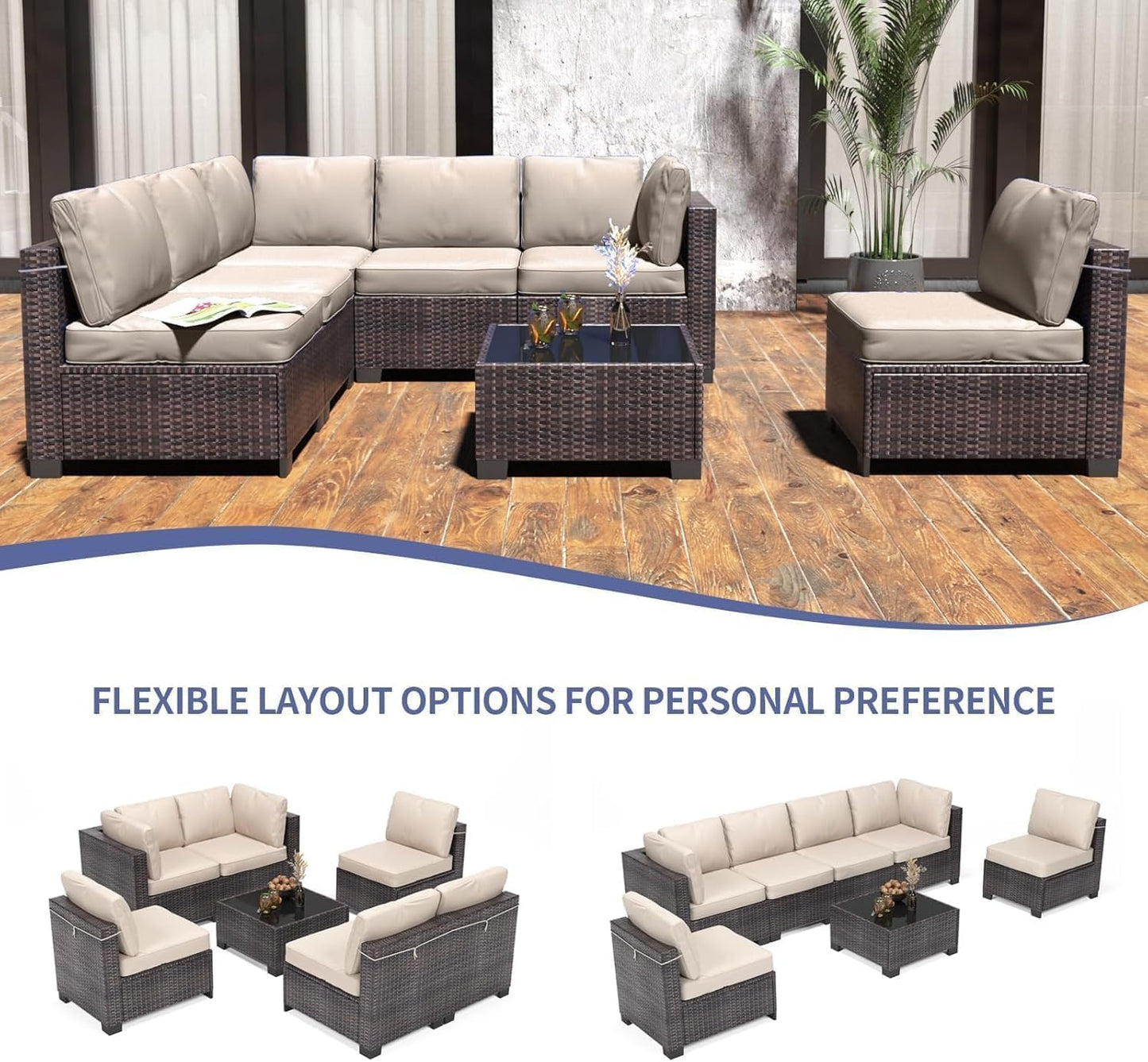 Patio Furniture Set, 7 Pieces Outdoor Sectional Sofa Set with Dining Table & Thickened Cushions, All-Weather PE Wicker Patio Furniture for Garden Lawn Deck, Brown & Beige