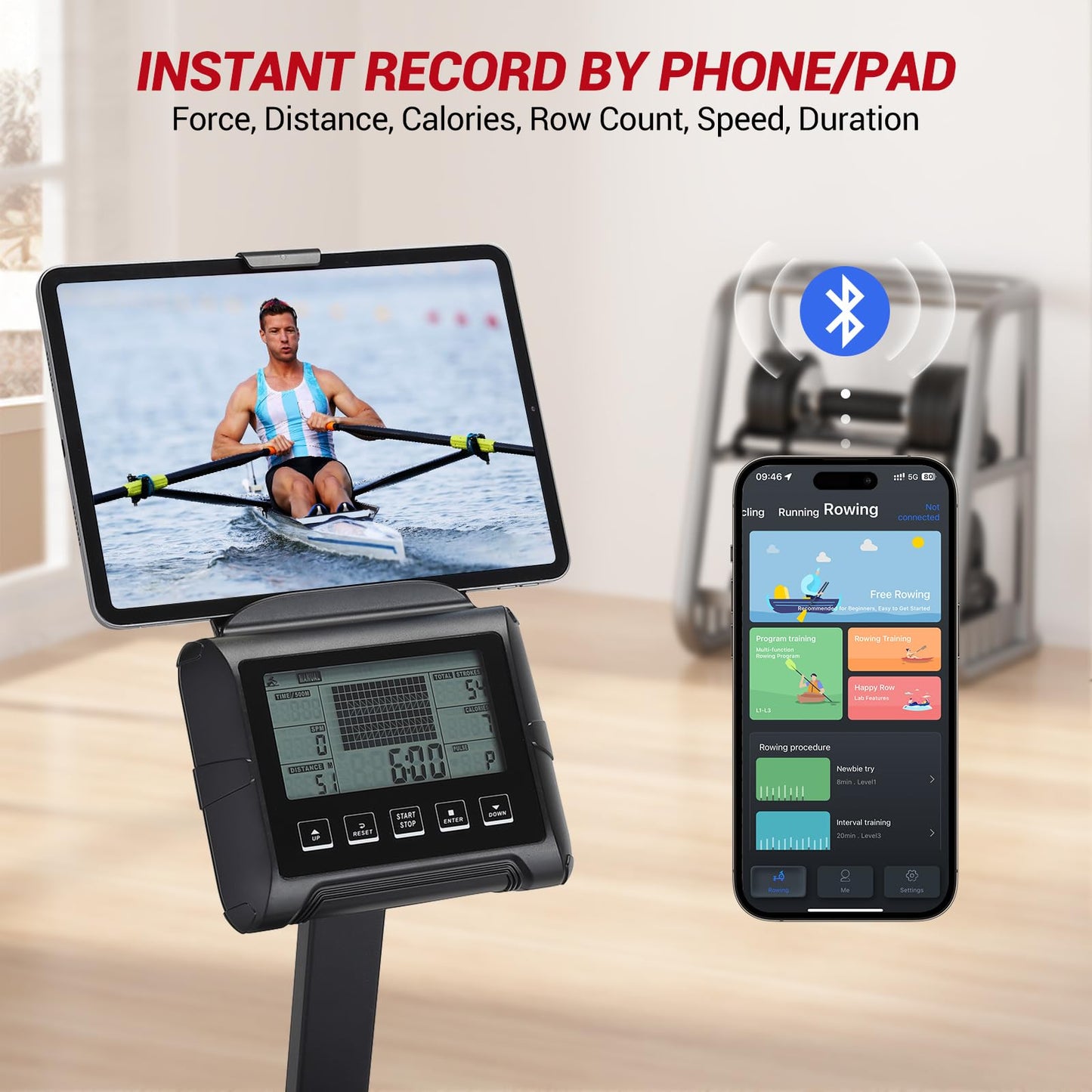 Garveelife Water Rowing Machines for Home, 380 LBS Capacity Rower Machine with Digital Monitor, Wide Ergonomic Seating and Tablet Holder, App Compatible