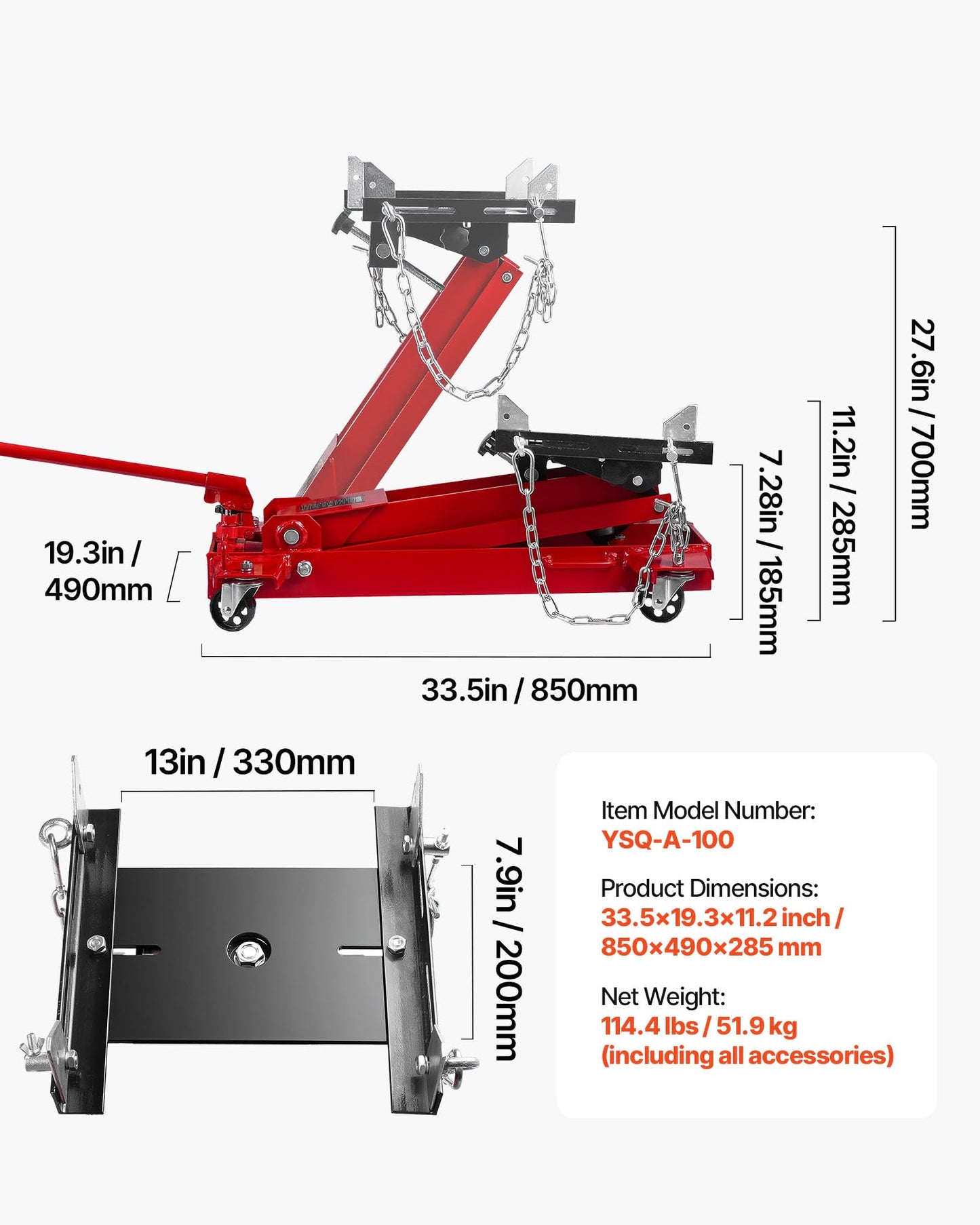 VEVOR Adjustable Floor Transmission Jack 2200 lbs/1T Low Profile Hydraulic Transmission Telescoping Heavy-Duty Lift Jack 7.28-27.6 in Lifting Height, 360° Swivel Front Wheels