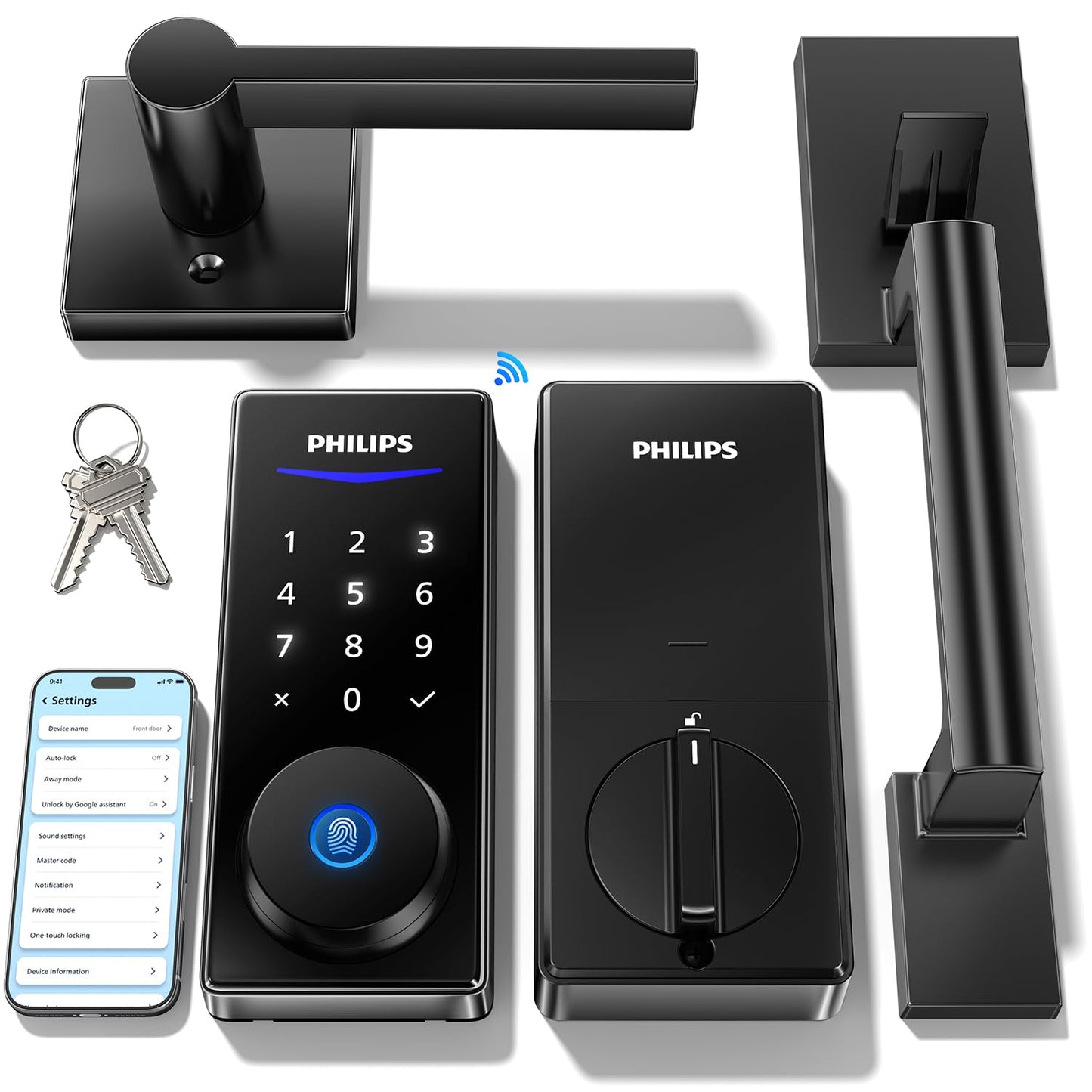 Philips Wi-Fi Smart Lock with Handle, WiFi Keyless Entry Keypad Door Lock with Handle, Front Door Deadbolt Set, Fingerprint Unlock, PIN Code Unlock, Auto Locking, App Remote Control, Bulit in WiFi