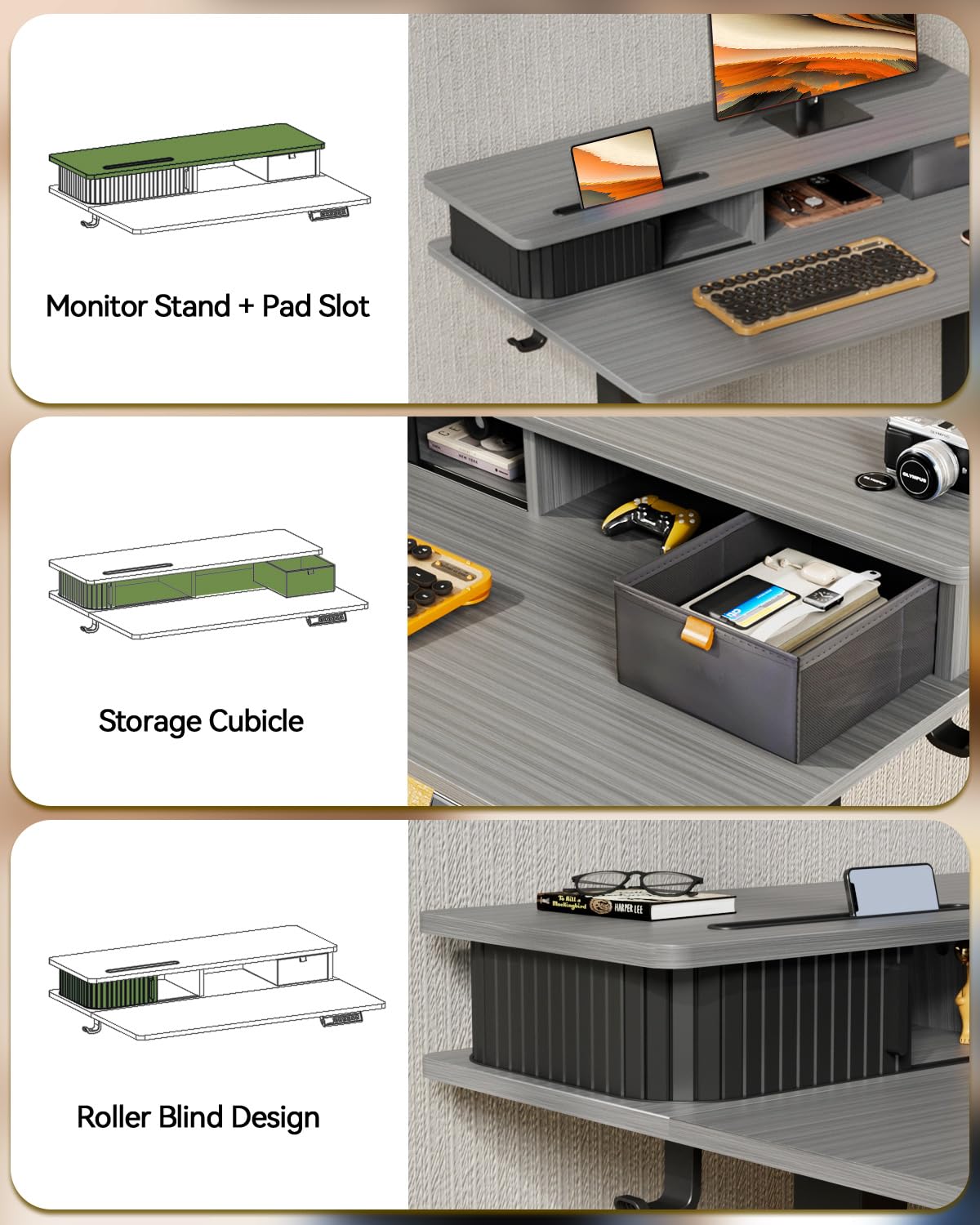 JOY worker Small Electric Standing Desk, 35" x 25" Height Adjustable Table with Built-in Monitor Stand & Storage Drawer, Grey Sit Stand Desk with 2 Hooks for Home Office