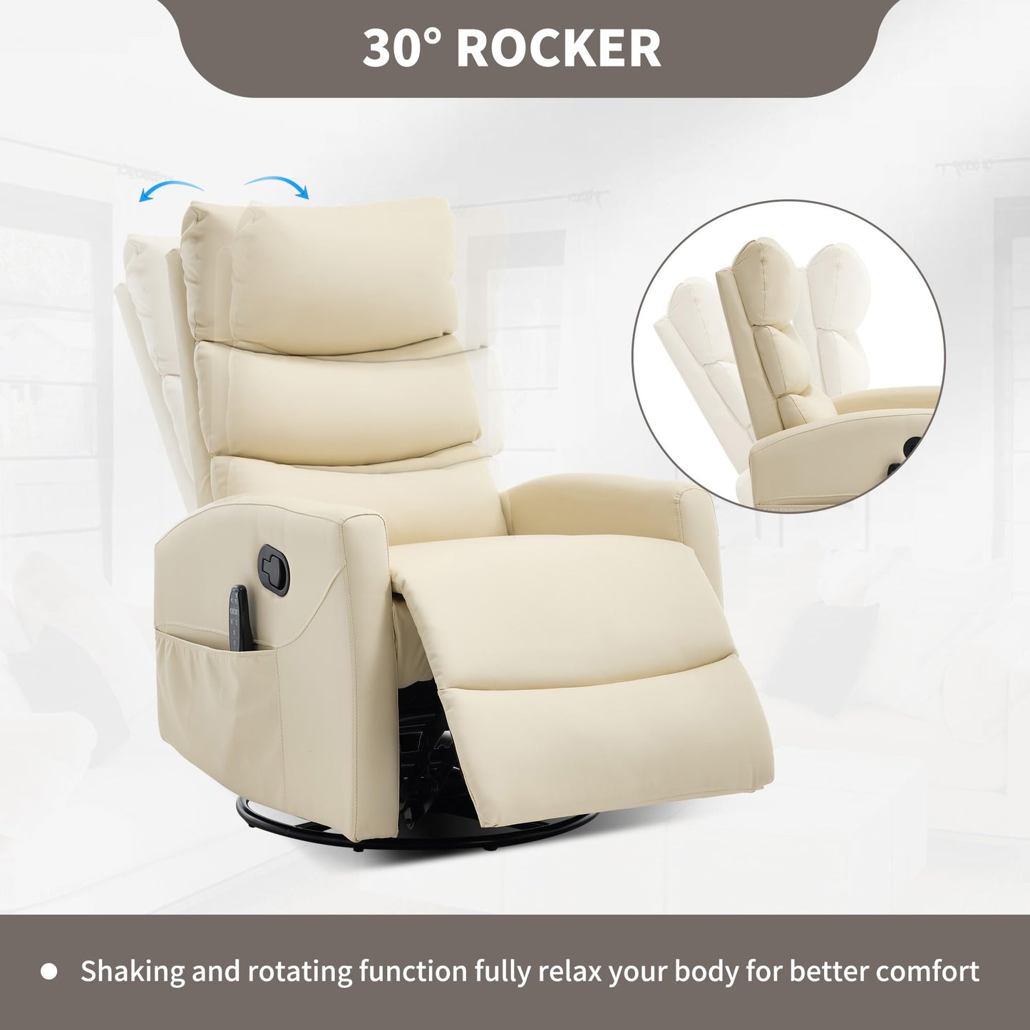 KEIKI 4-in-1 Manual Swivel Rocker Recliner Chair for Home Living Room, Faux Leather Chair with Back Massager & Heat, Home Theater Seating with Lumbar Support, Recliner Office Chairs for Adults, Beige